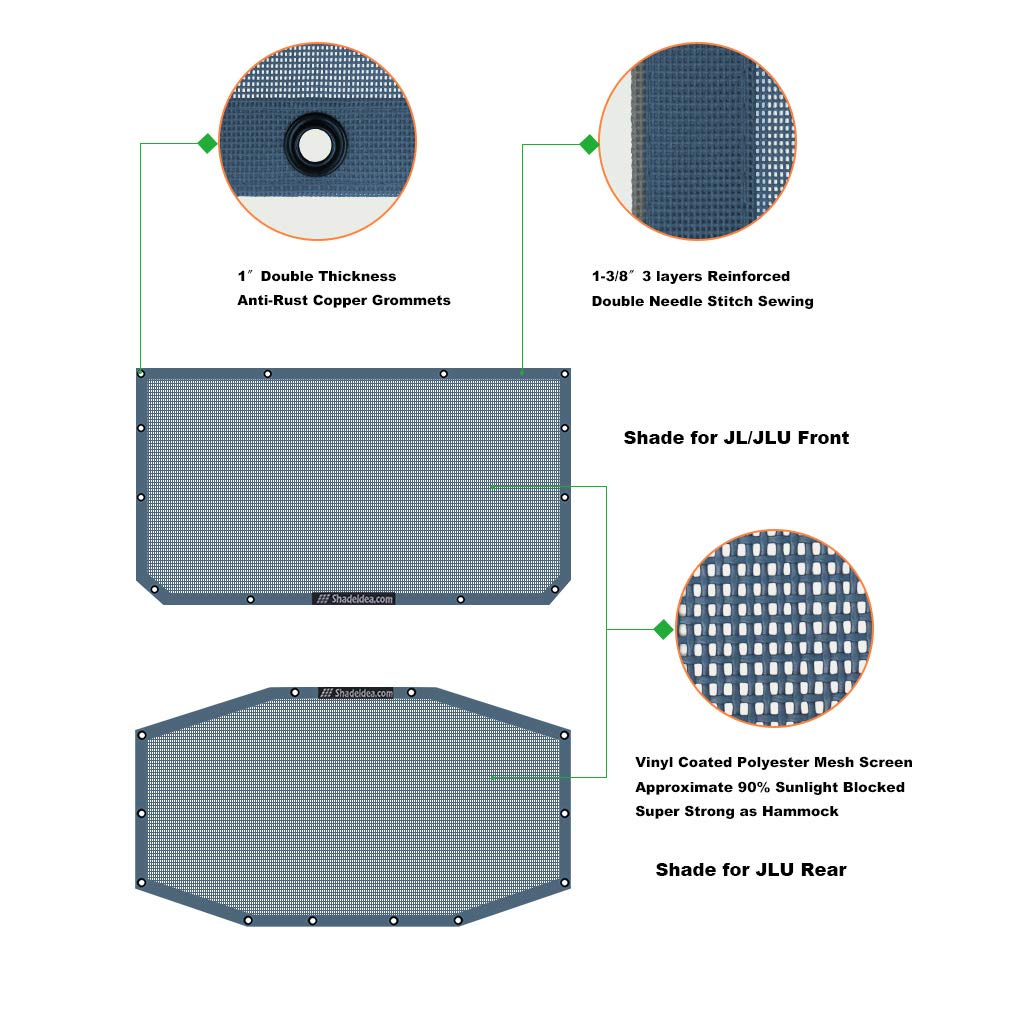 Shadeidea Sun Shade Top for Jeep Wrangler JL Unlimited 2018-2023, 4 Door, Mesh Screen, UV Blocker, Steel Blue, 2 Piece