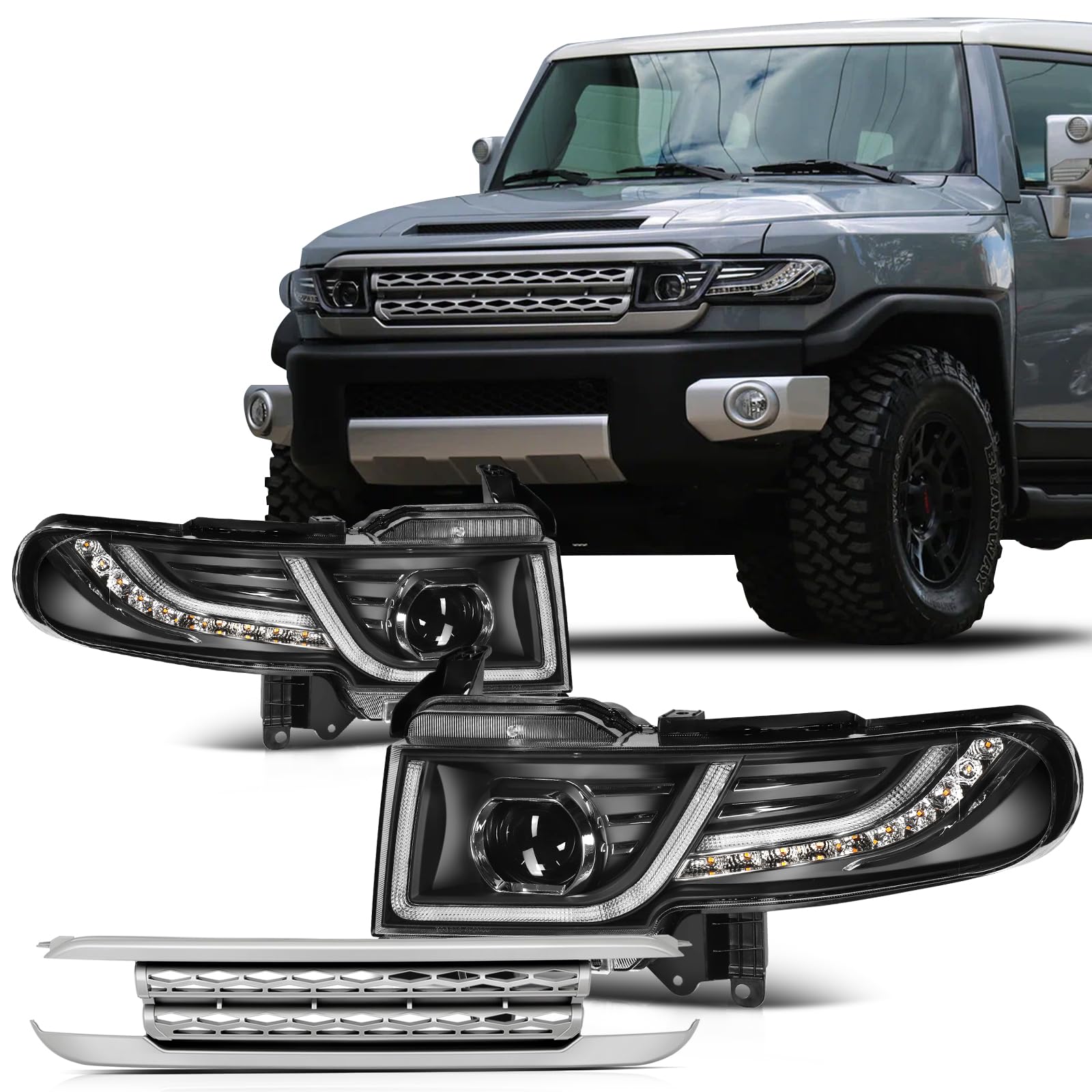 SCITOO Pair Of LED Sequential Turn Signal Headlight Assembly For Toyota FJ Cruiser 2007-2014 Projector Headlamp Set