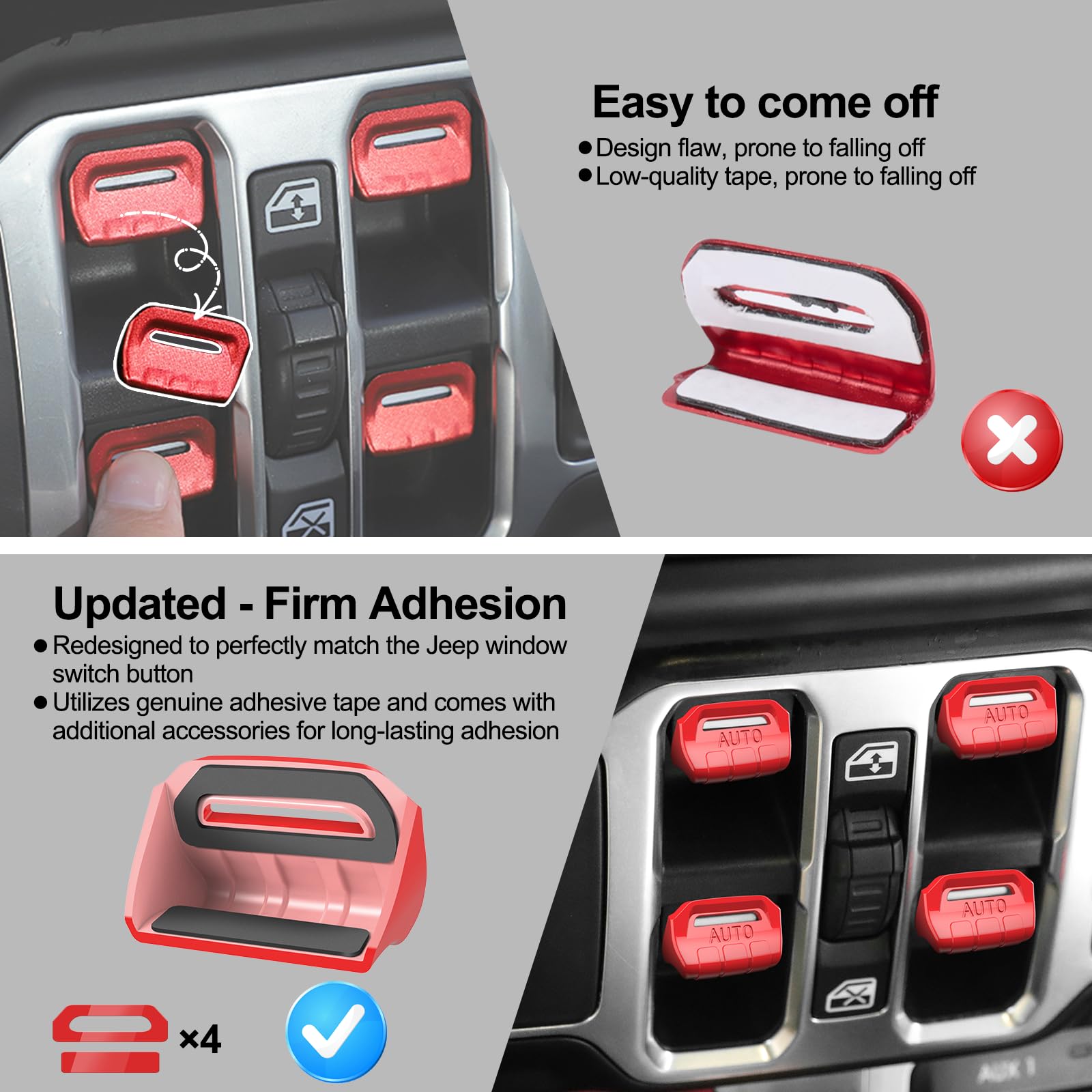 Diamooky 4Pcs Upgraded Window Switch Button Cover Compatible With Jeep Wrangler Jl Jlu 2018-2025 And Gladiator Jt 2020 2021 2022 2023 2024 2025 Wrangler 4Xe Interior Accessories(Bright Red)