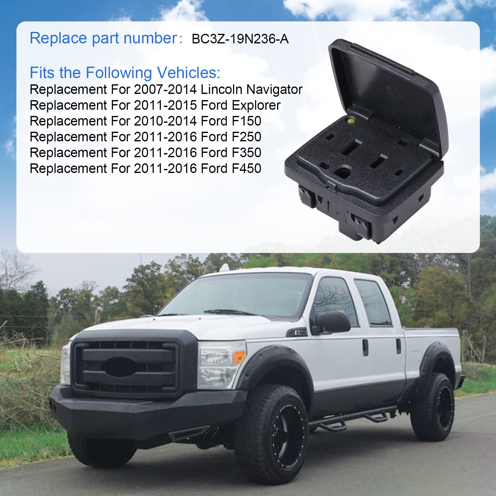 DICMIC Center Console Power Outlet Socket Plug for Ford F-150, Explorer, F-250/F-350/F-450 (2010-2016) - Black, Model DICMIC-P