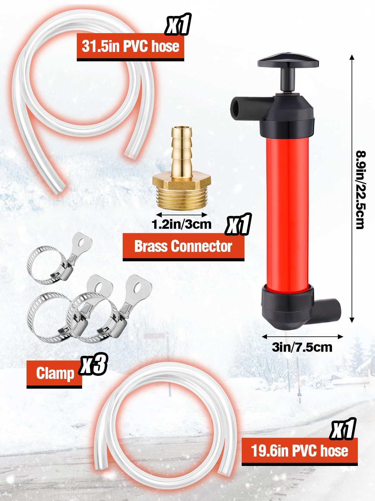 MADHOLLY Antifreeze Siphon Hand Pump Kit - Red Plastic Fuel Transfer Pump for Gas, Oil & Liquids - RV Winterizing Kit, Includes 3 Leak-proof Clamps