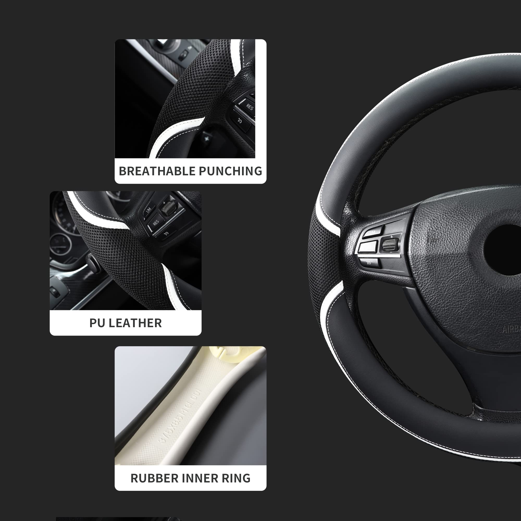 Microfiber Leather 16'' Universal Fit Car Steering Wheel Cover, Elastic Nonslip Breathable And Odorless, Black & White Grip