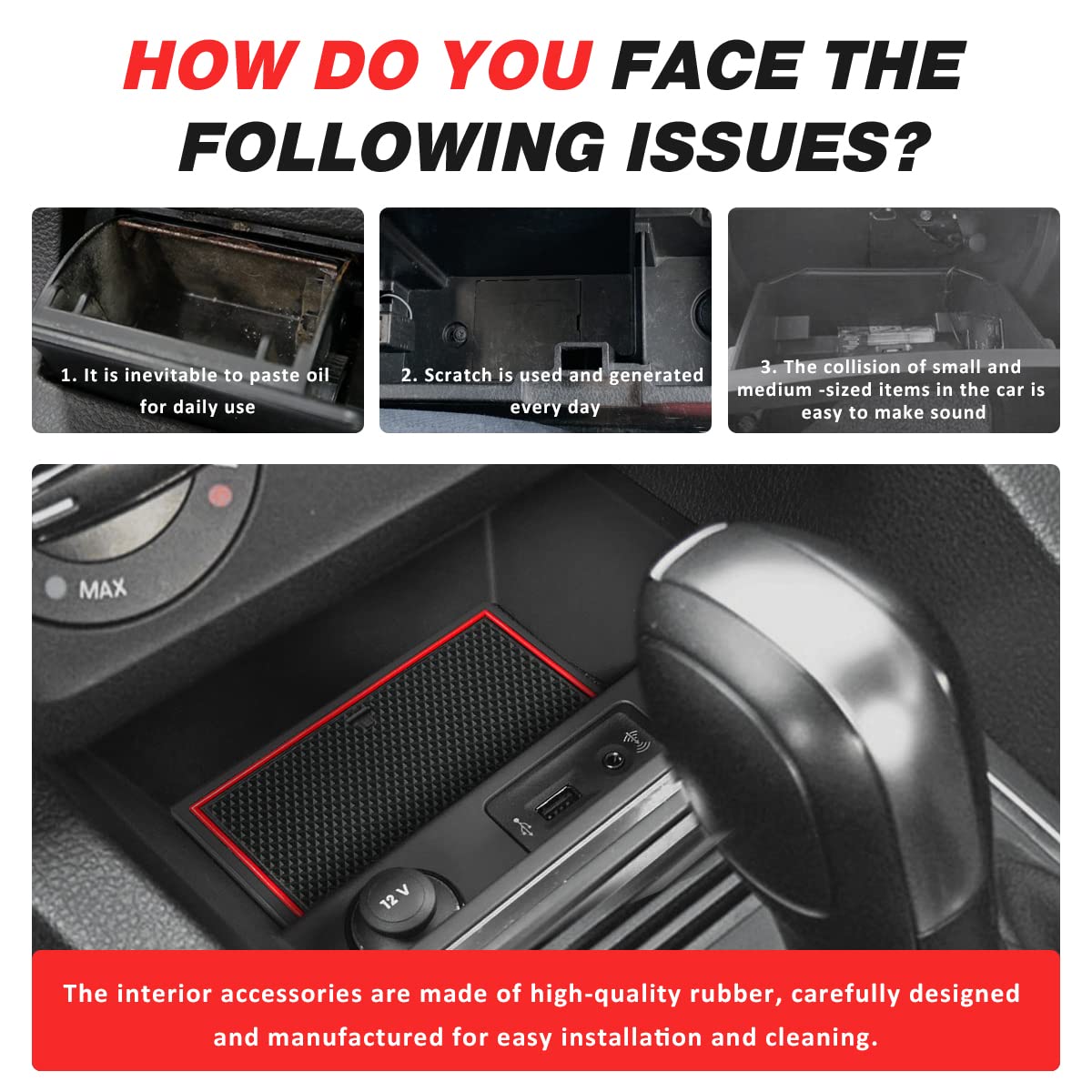 Auovo Rubber Door Compartment Mats for Volkswagen Jetta 2013-2018, Red, 10pcs Set, Anti-Dust Cup Holder Console Liners
