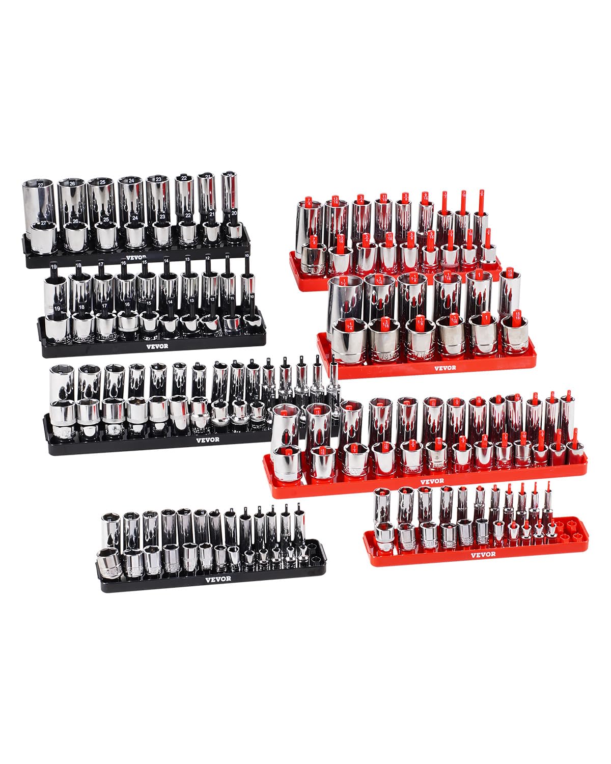 VEVOR Socket Organizer Set, 8PCS High-Rod Socket Holder, 1/4'', 3/8'' & 1/2'' Metric SAE Socket Trays with Clear Labels, Hold up