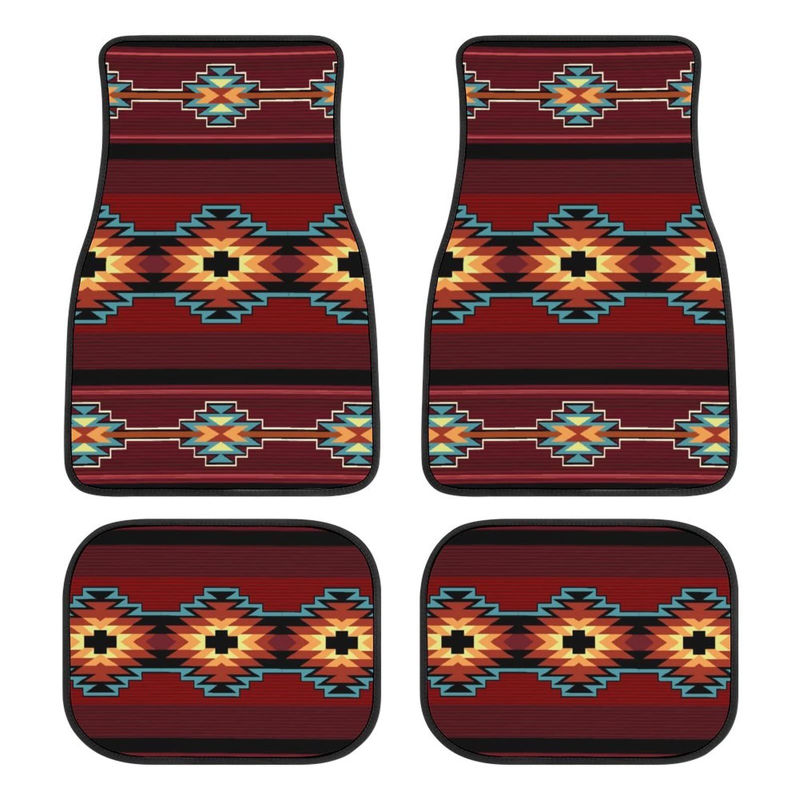 LONSANT Aztec Car Floor Mats Set of 4,Southwest Native American Tribal Aztec Navajo Striped Red Print Vehicle Front Rear Car Flo