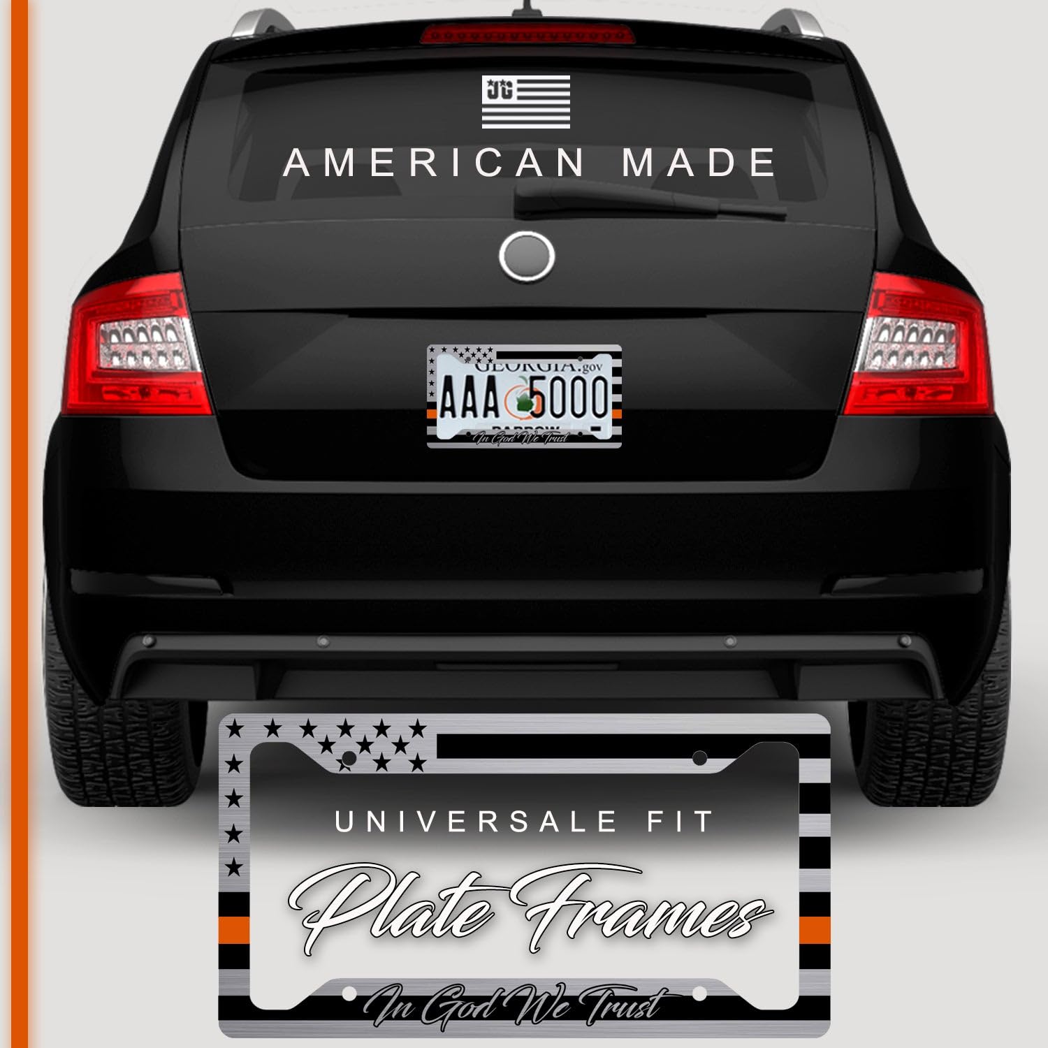 American Flag In God We Trust License Plate Frame + Orange Line Coasters + Keychain - Perfect For God And Country Lovers - Tacti