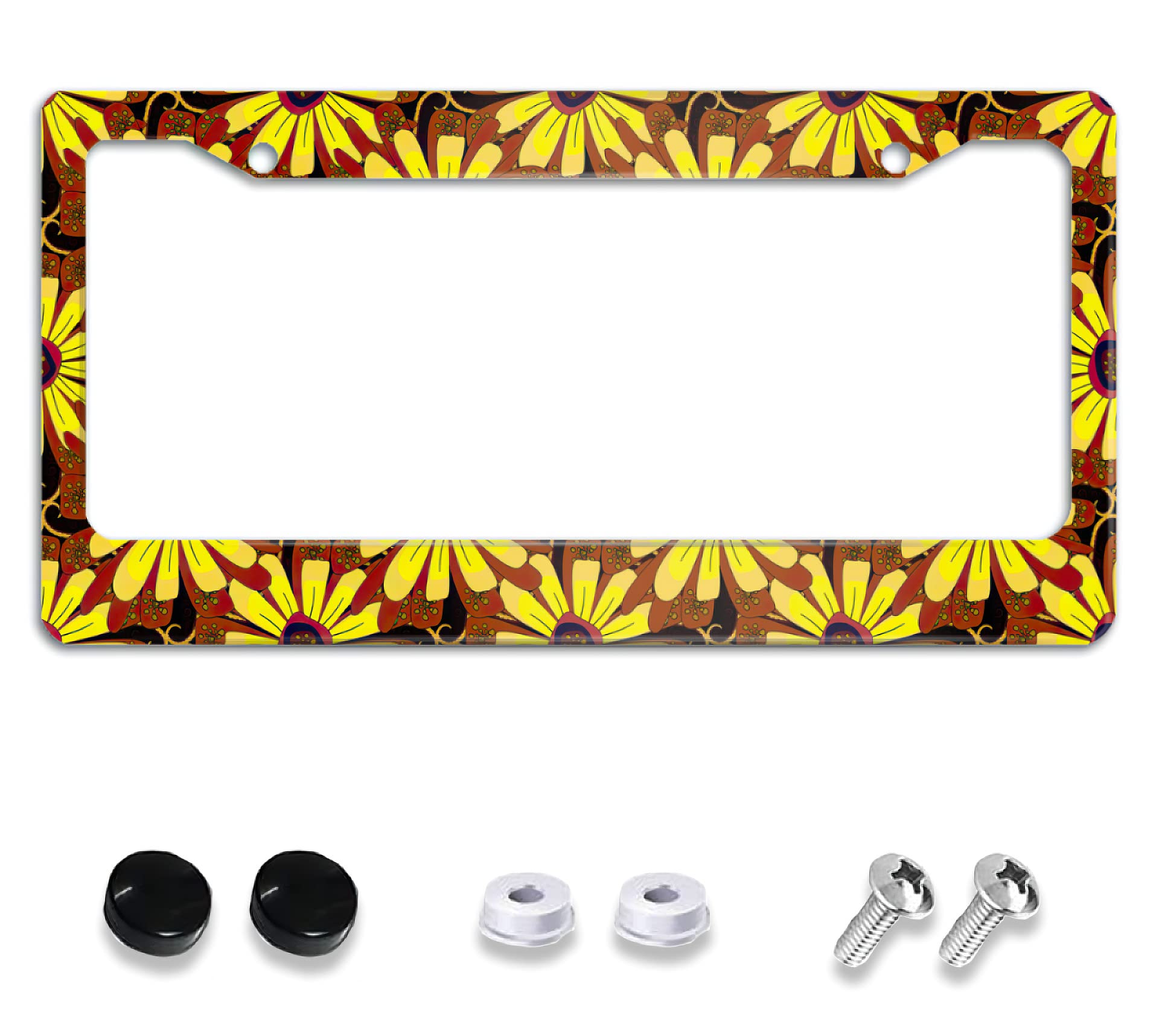 Meikosks Sunflower License Plate Frame,Metal Aluminum Car Cover Tag Holder Frames Cute Floral,2 Holes with Screw Caps for Women 