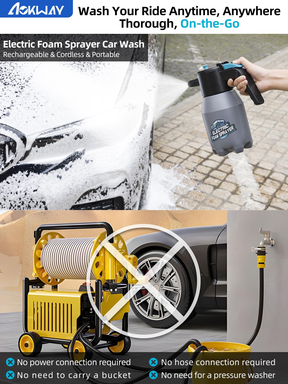 aokway Electric Foam Sprayer - Portable Cordless Handheld Car Wash Foam Cannon - Gray, Plastic Material