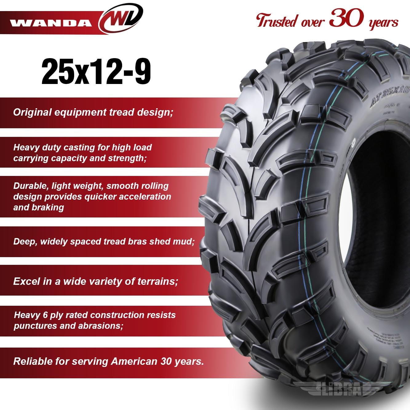 WANDA UTV ATV Tires Set of 2, 25x12-9, Model P373, 6PR, Durable Off-Road Performance