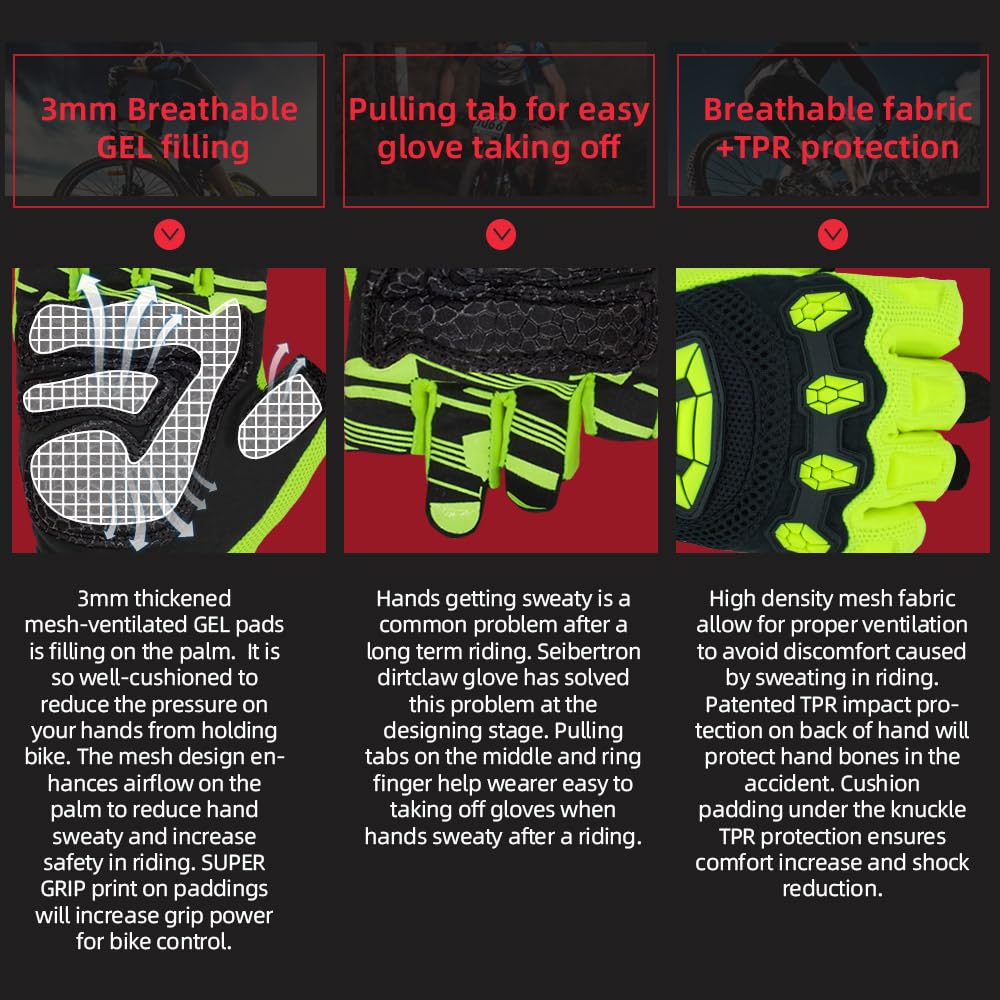 Seibertron Dirtclaw Gloves - Motorcycle Motocross Sports Gloves For Ultimate Grip And Protection Fluo Yellow S