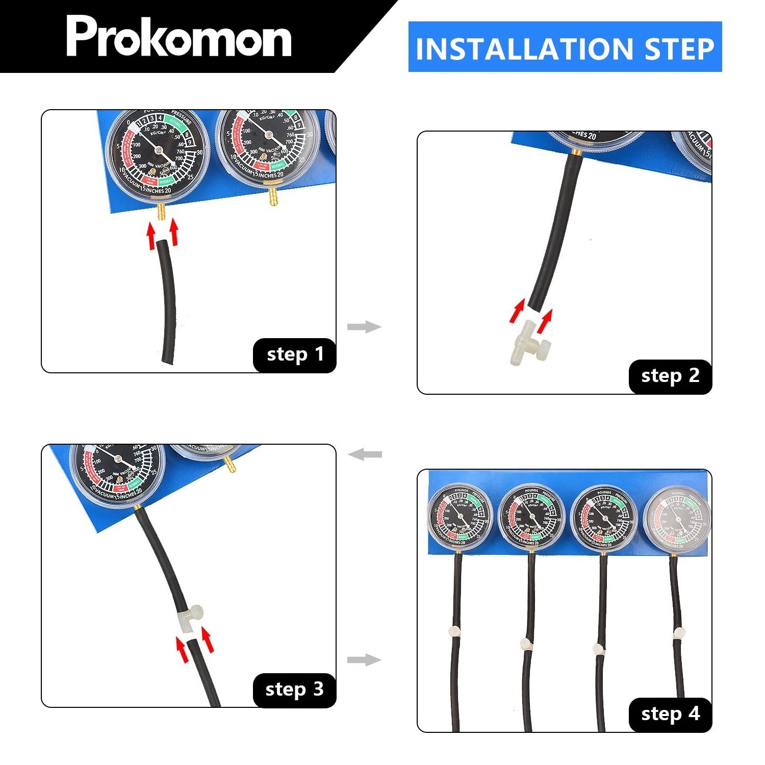 Prokomon Motorcycle Carburetor Synchronizer Tool Kit - 4 Gauge, Vacuum Sync Tool for 2 or 4 Cylinder Engines, Model PT8133.1