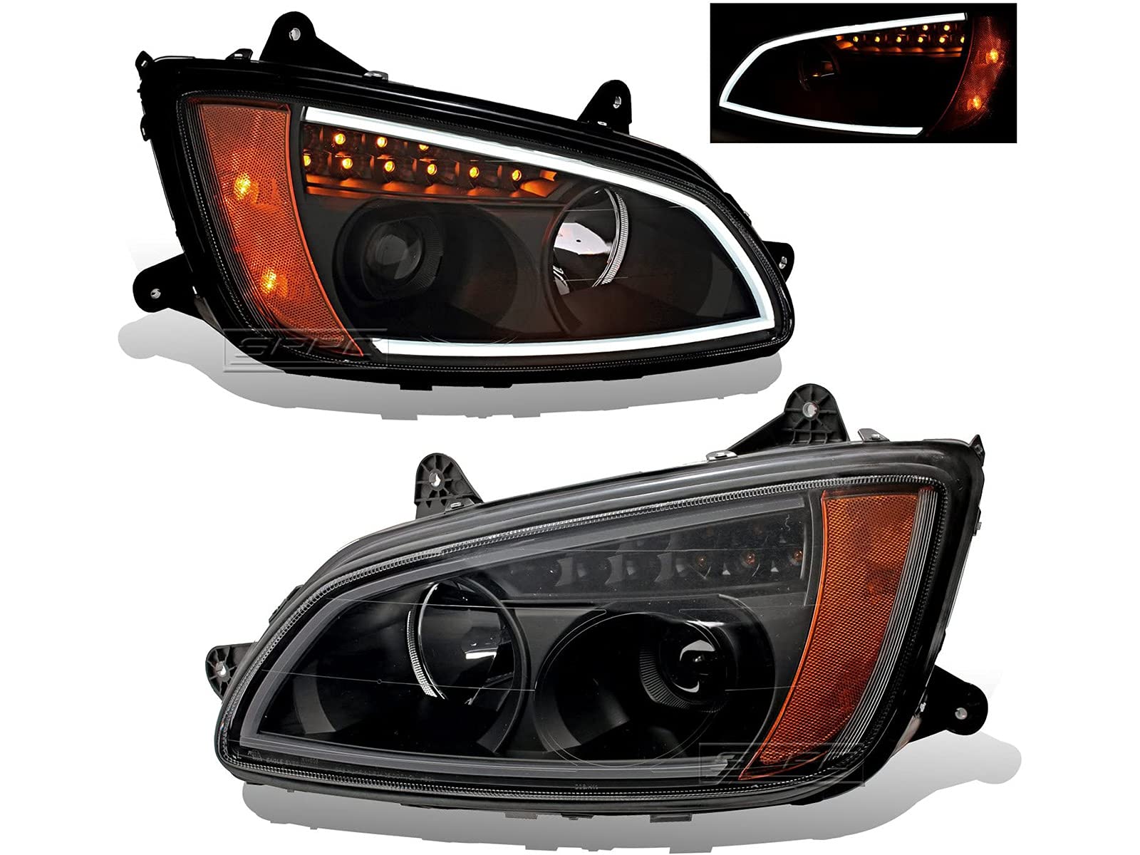 SPPC Projector Plank Style Black Amber Reflector Headlight Assembly Set for Kenworth T660-(Pair) Driver Left and Passenger Right