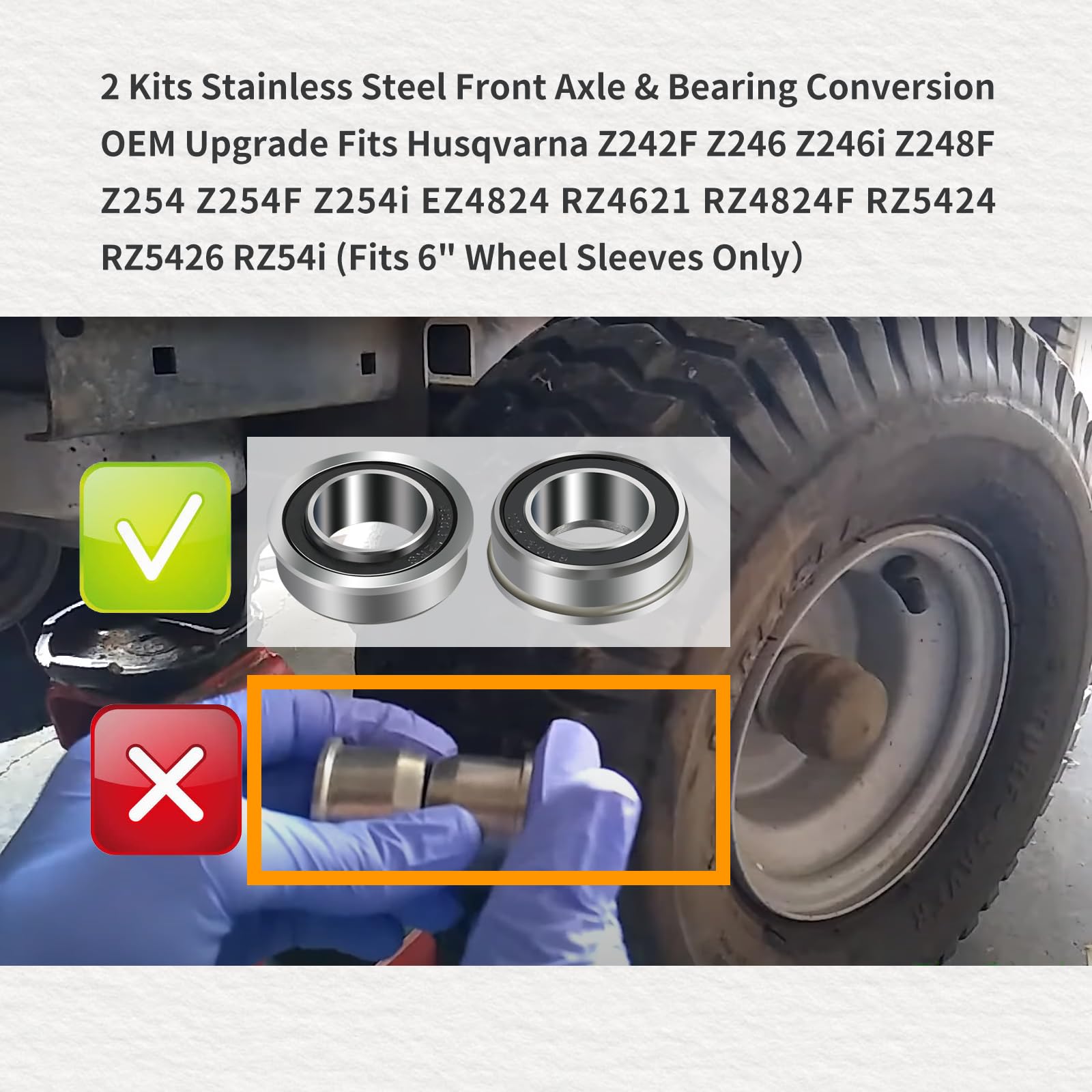 XQK Stainless Steel Front Wheel Axle & Bearing Conversion Kit for Husqvarna Z242F Z246 Z246i Z248F Z254 (Fits 6" Wheel Sleeves Only)