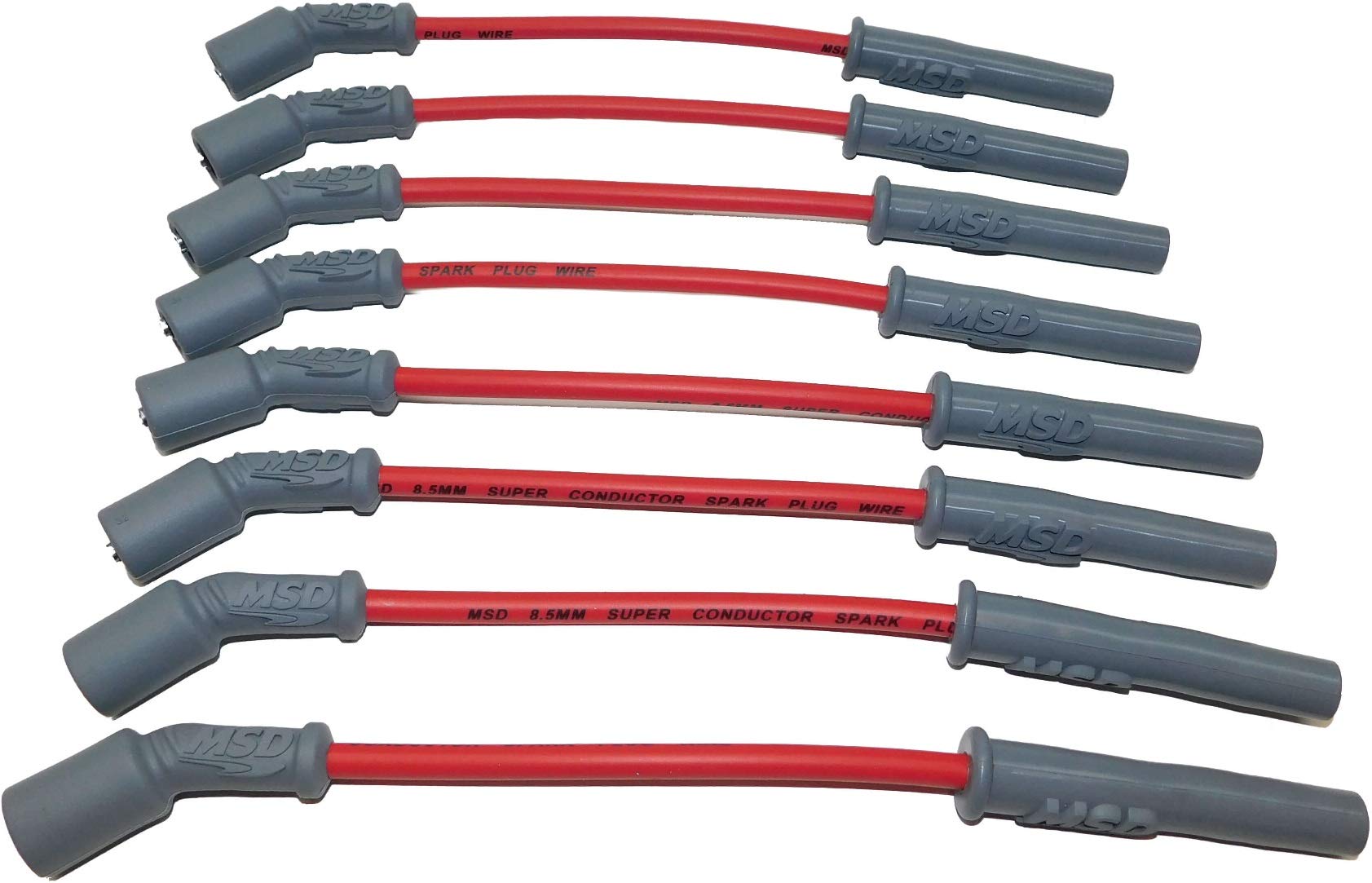 MSD SUPER CONDUCTOR SPARK PLUG WIRE SET,RED JACKET,40-50 OHMS PER FOOT,MULTI-ANGLE BOOT ANGLE,8.5MM DIAMETER,12 INCH LENGTH,COMP