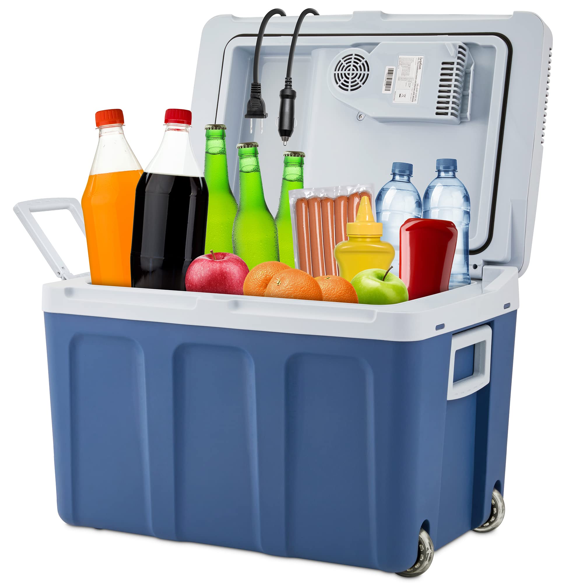 Ivation Electric Cooler & Warmer With Wheels & Handle |48 Quart (45 L) Portable Thermoelectric Fridge For Vehicles & Trucks| 110V Ac Home Power Cord & 12V Car Adapter For Camping, Travel & Picnics