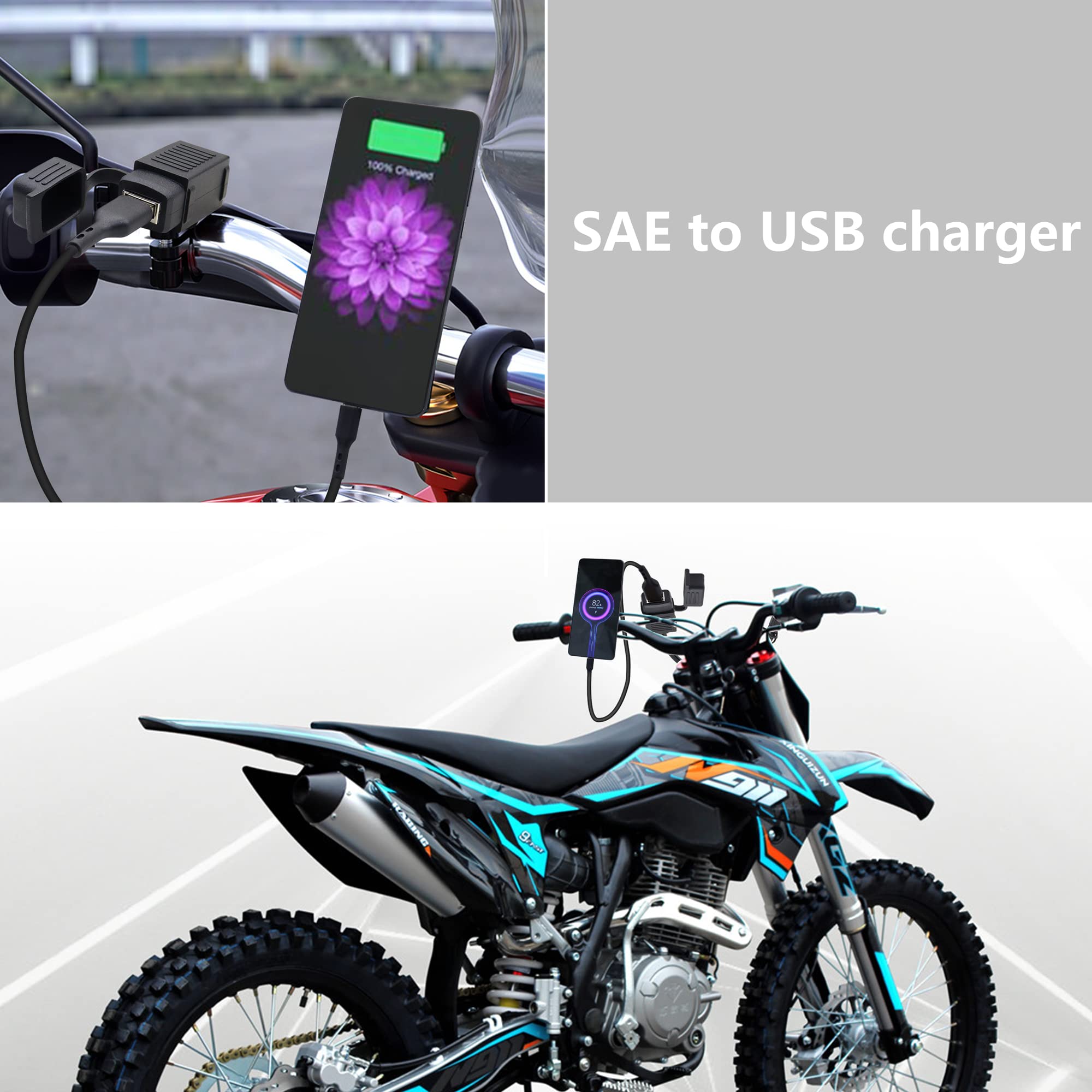 GELRHONR SAE Quick Connector to USB Adapter Motorcycle Cable, 5V 2.1A USB Port Power Socket with Waterproof Cover,Compatible wit