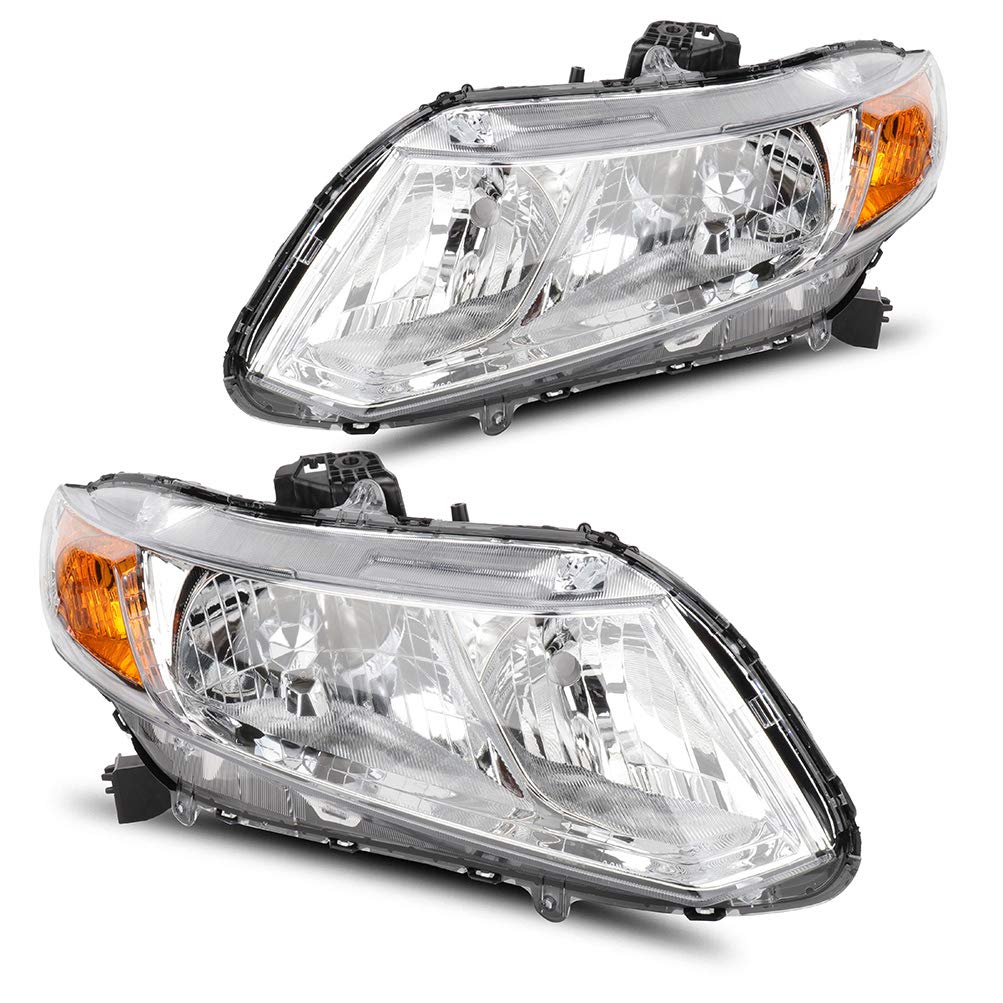 OCPTY Headlight Assembly Pair Replacement For Honda Civic Sedan 4Dr 2012-2015 Chrome Housing Amber Reflector Clear Lens Driver P
