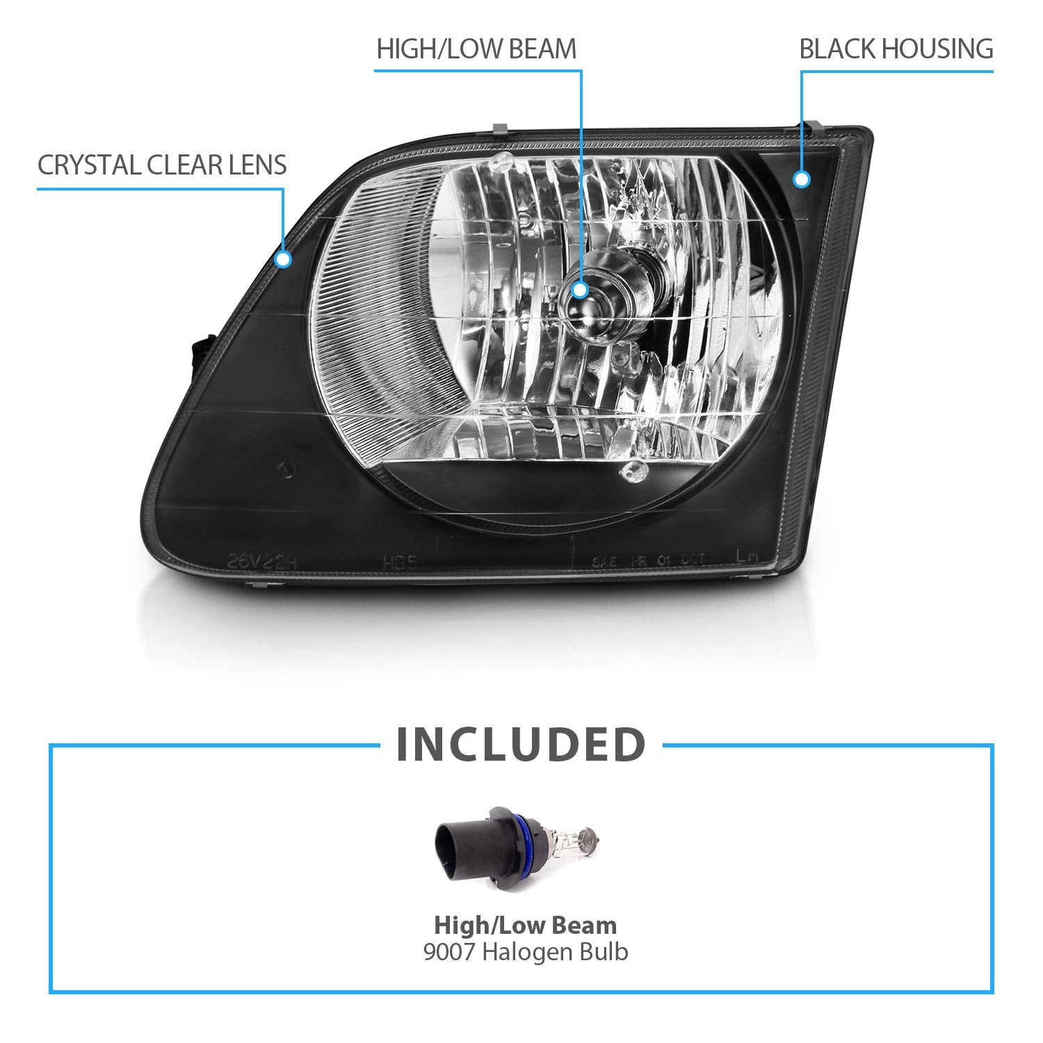 Amerilite For 1997-2003 Ford F150 F250 Expedition Factory Style W/Bulb Chrome Replacement Corner Headlights Set - Passenger And