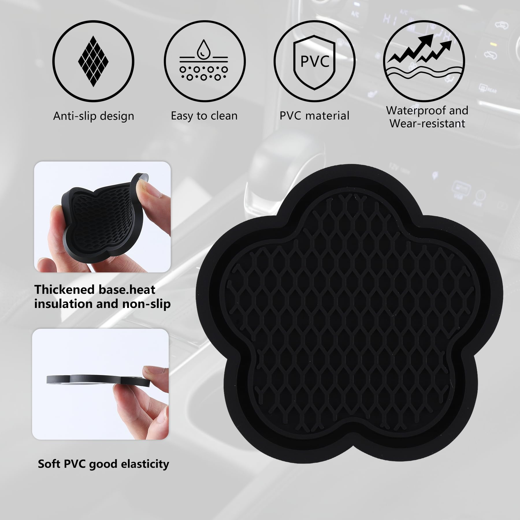 Garhomxy Car Cup Coaster, 4Pcs Universal Non-Slip Cup Holder Coaster, Pvc Flower Shaped Car Cup Holder Coaster, Crystal Car Accessories Interior (Black)