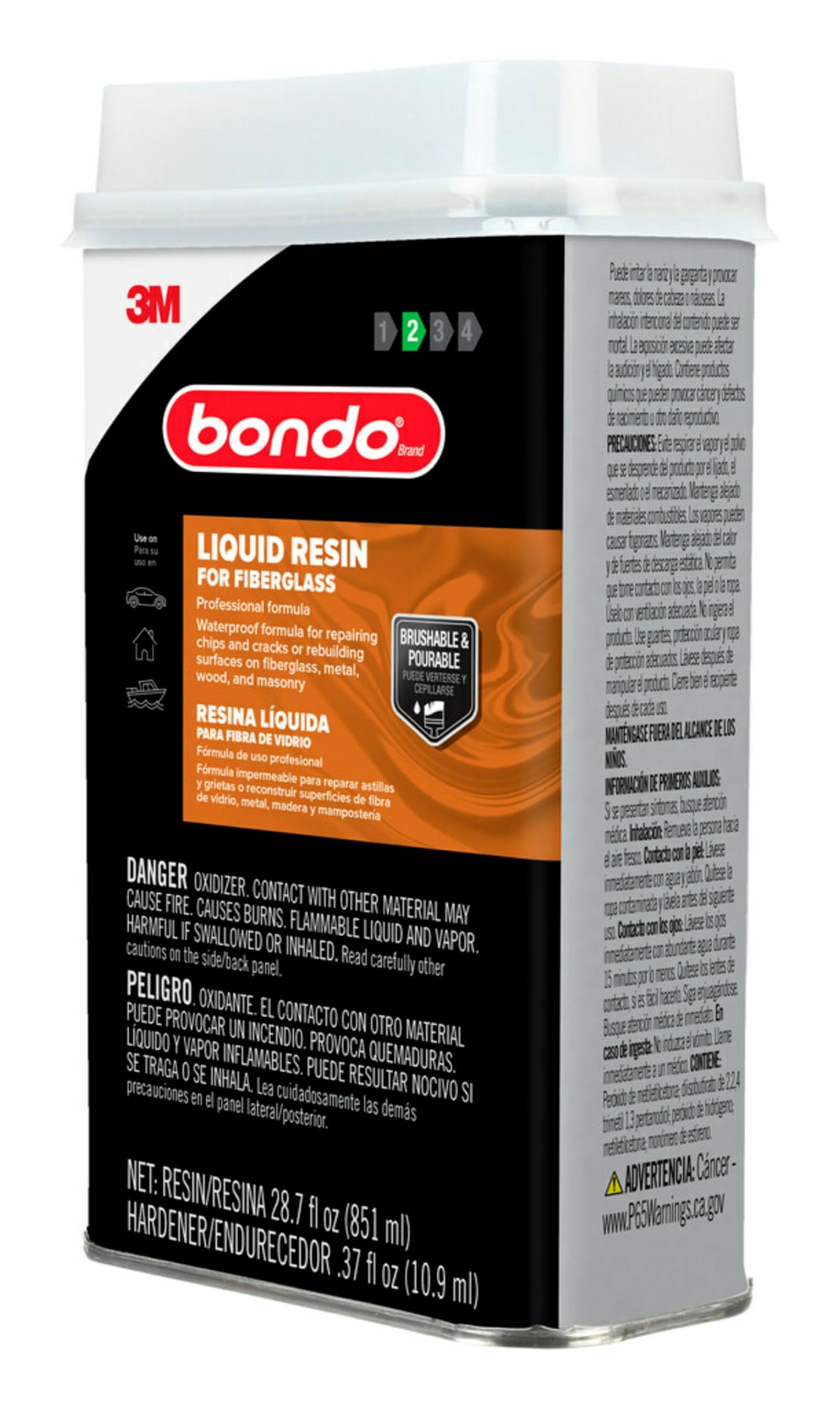 3M Bondo Fiberglass Resin 28.7 Us Fl Oz Filler With 0.37 Fl Oz Hardener, Stage 2, Waterproof Formula For Repairing, Resurfacing,