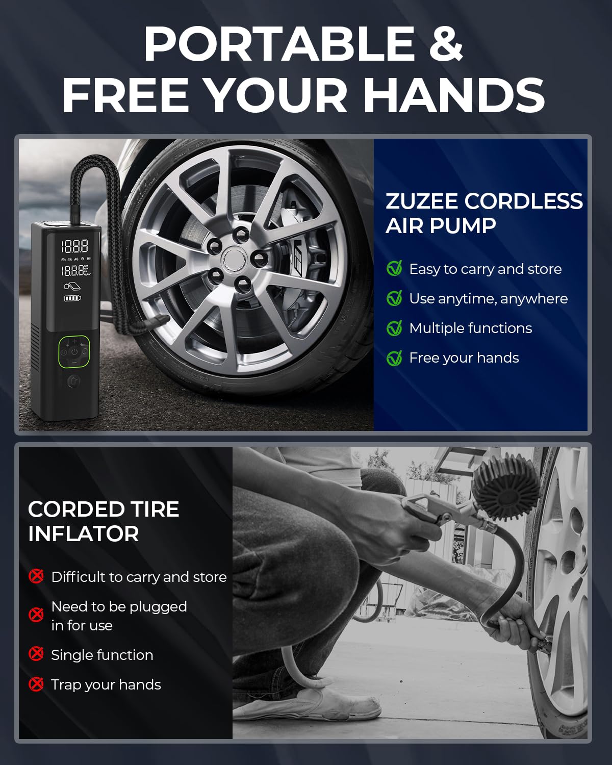 Portable Air Compressor, Zuzee 3X Faster Portable Tire Inflator  150Psi, Triple Lcd, Multi Inflation Mode  Air Pump For Tires Of