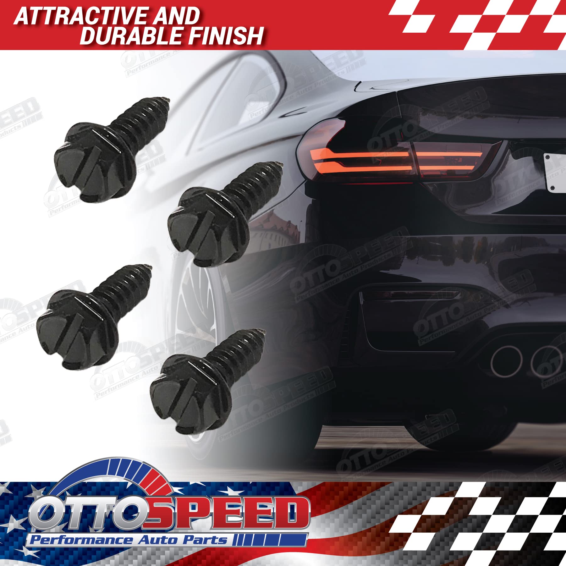 OttoSpeed License Plate Screw Kit - Black Stainless Steel, Rustproof Fasteners for Cars, SUVs, Trucks - OEM Style with Nylon Retainers