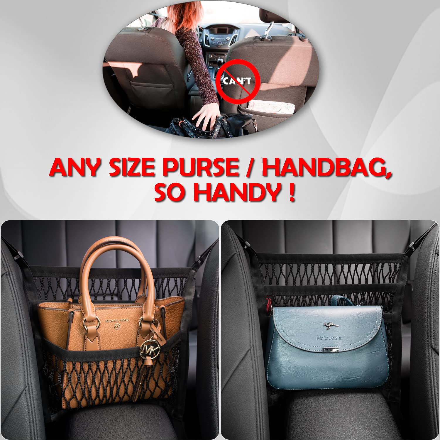 Ameiq Car Accessories, Car Organizer Storage Between Front Seats, Car Purse Holder, Handbag Holder Of 3 Layers Mesh Net Pocket Bag, Backseat Dog Pet Barrier, Patented