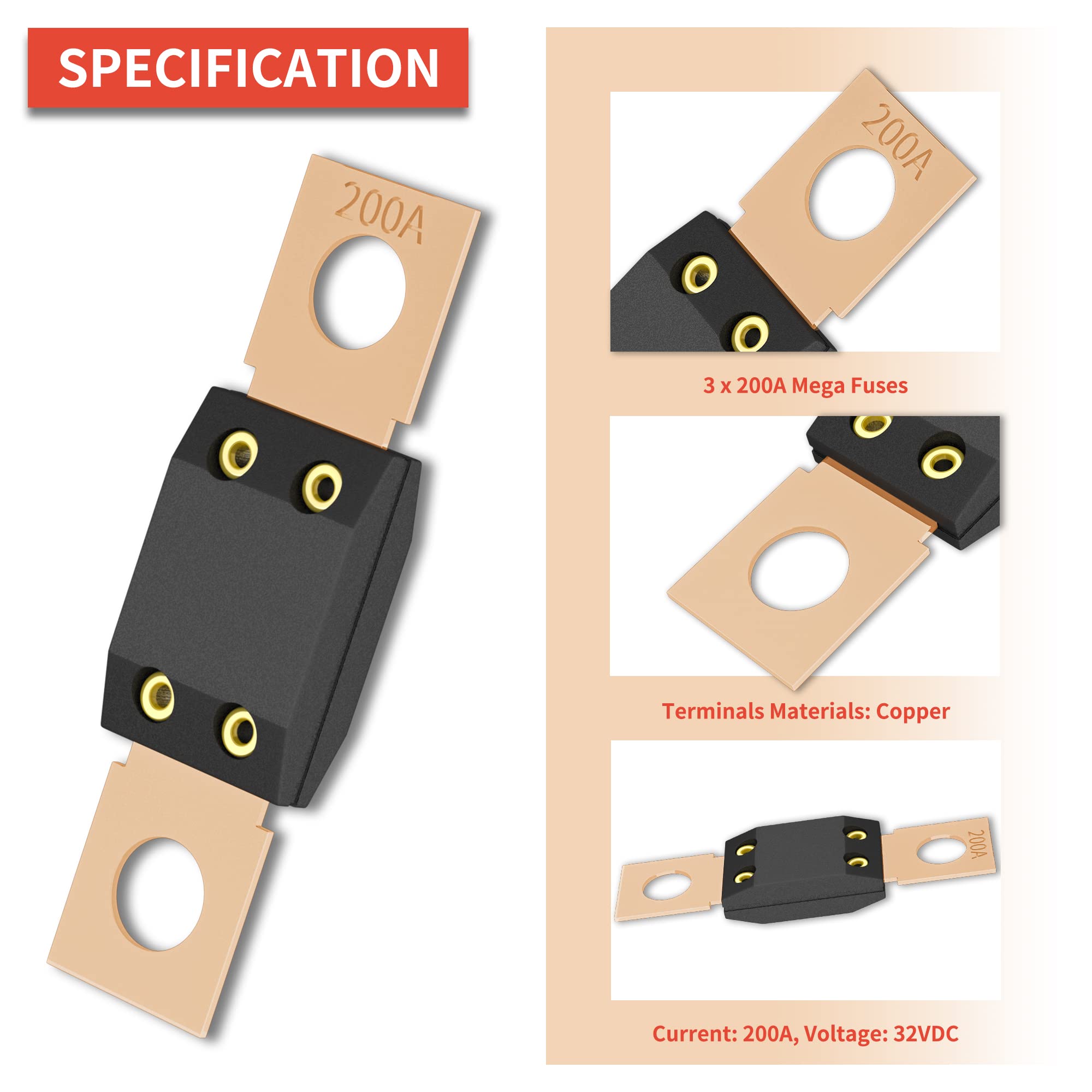 Joinfworld 3Pcs 200A MEGA Fuse, High Current Bolt Mount Automotive 200 Amp MEGA/AMG Fuse for Cars, Trucks, Construction Vehicles