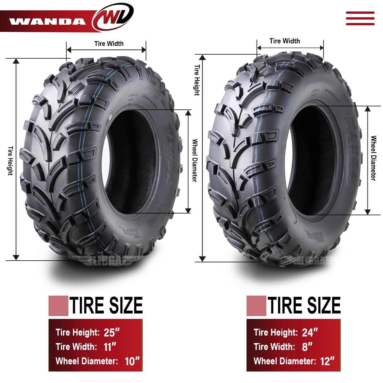 Wanda Utv Atv Tires 24X8-12 Front & 25X11-10 Rear /6Pr P373 Lit Mud