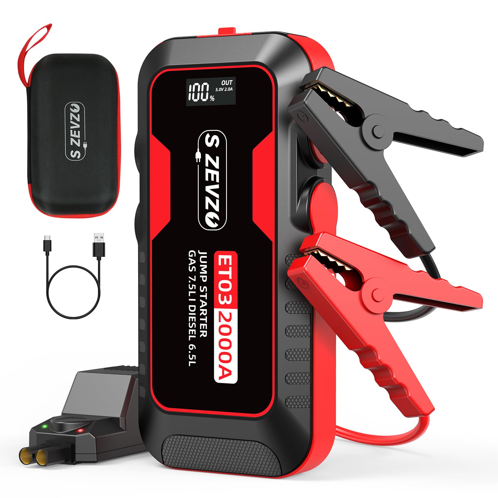 S ZEVZO ET03 Car Jump Starter 2000A Jump Starter Battery Pack for Up to 7.5L Gas and 6.5L Diesel Engines, 59.2Wh Portable 12V Ju