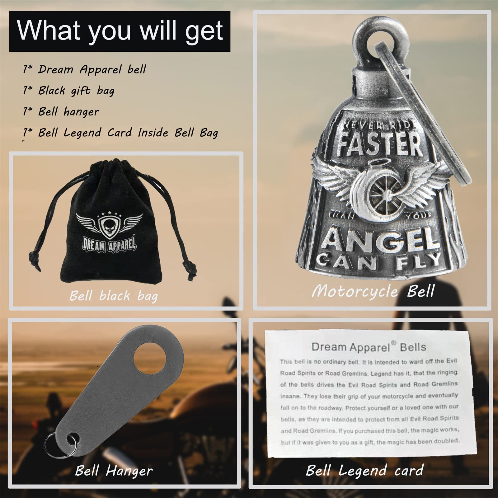 Dream Apparel Motorcycle Bell - Guardian Angel Gremlin Bell - Zinc Alloy - Large - Luck Key Chain - Never Rider Faster Than Your Angel Can