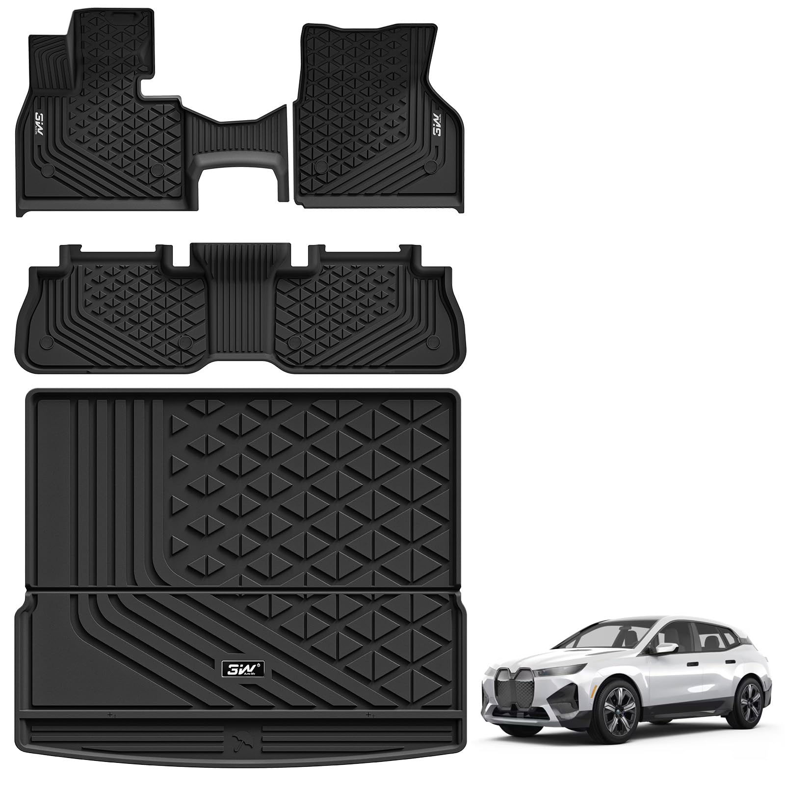 3W BMW iX Floor Mats & Cargo Liner 2022 2023 2024 2025 2026, xDrive45/50/60 M60 M70, All Weather TPE Custom Fit Floor Liner, 1st