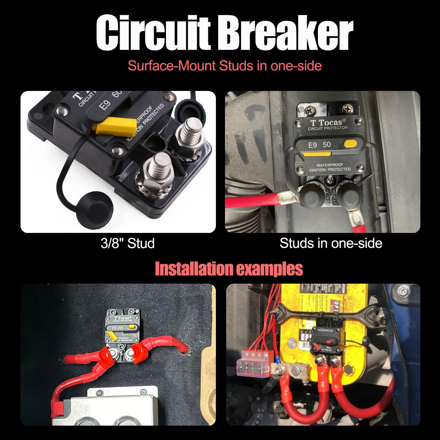 T Tocas 250A Circuit Breaker for Car Audio & Marine, Waterproof 12V-48V DC, 3/8" Studs, Manual Reset
