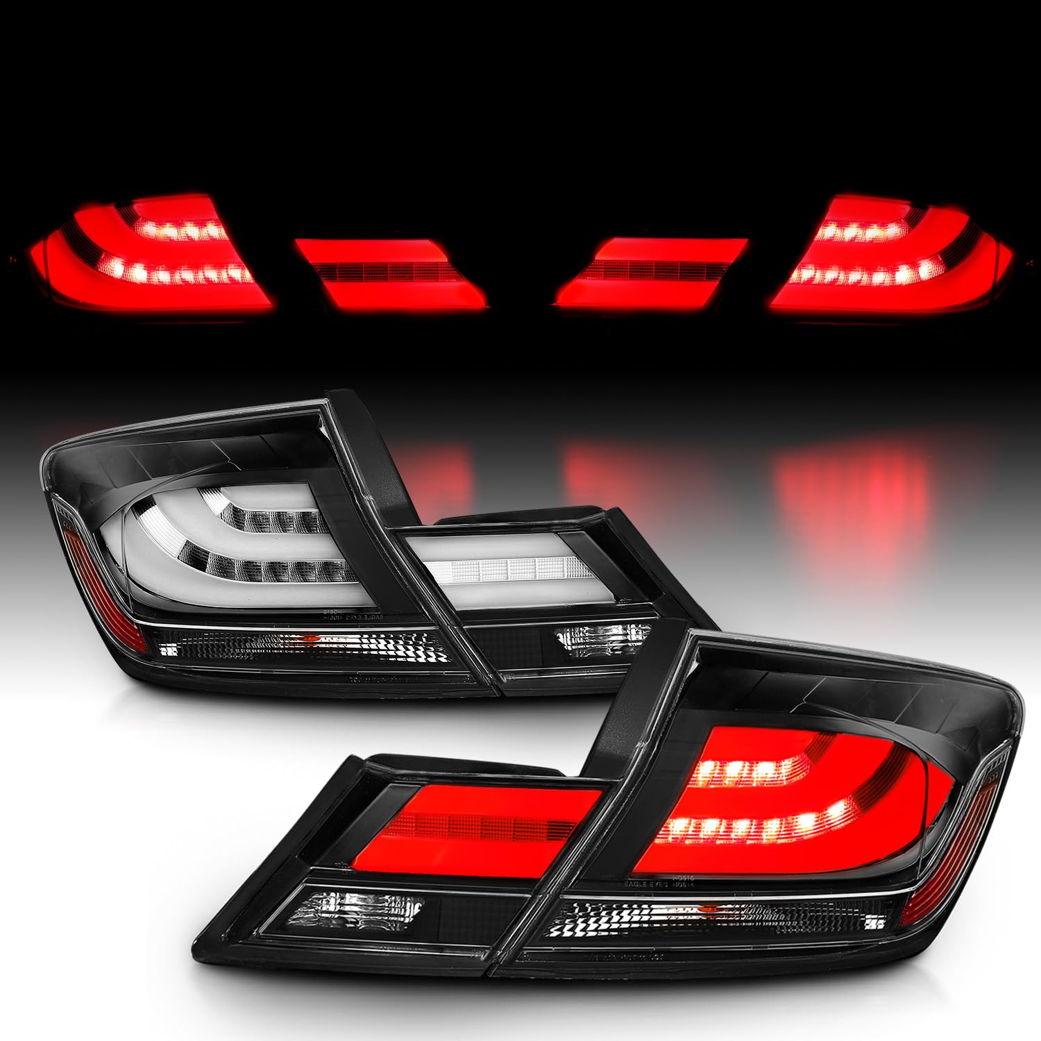 AmeriLite Black LED Brake Tail Lights Set for 13-15 Honda Civic 4 Door - Driver & Passenger Side