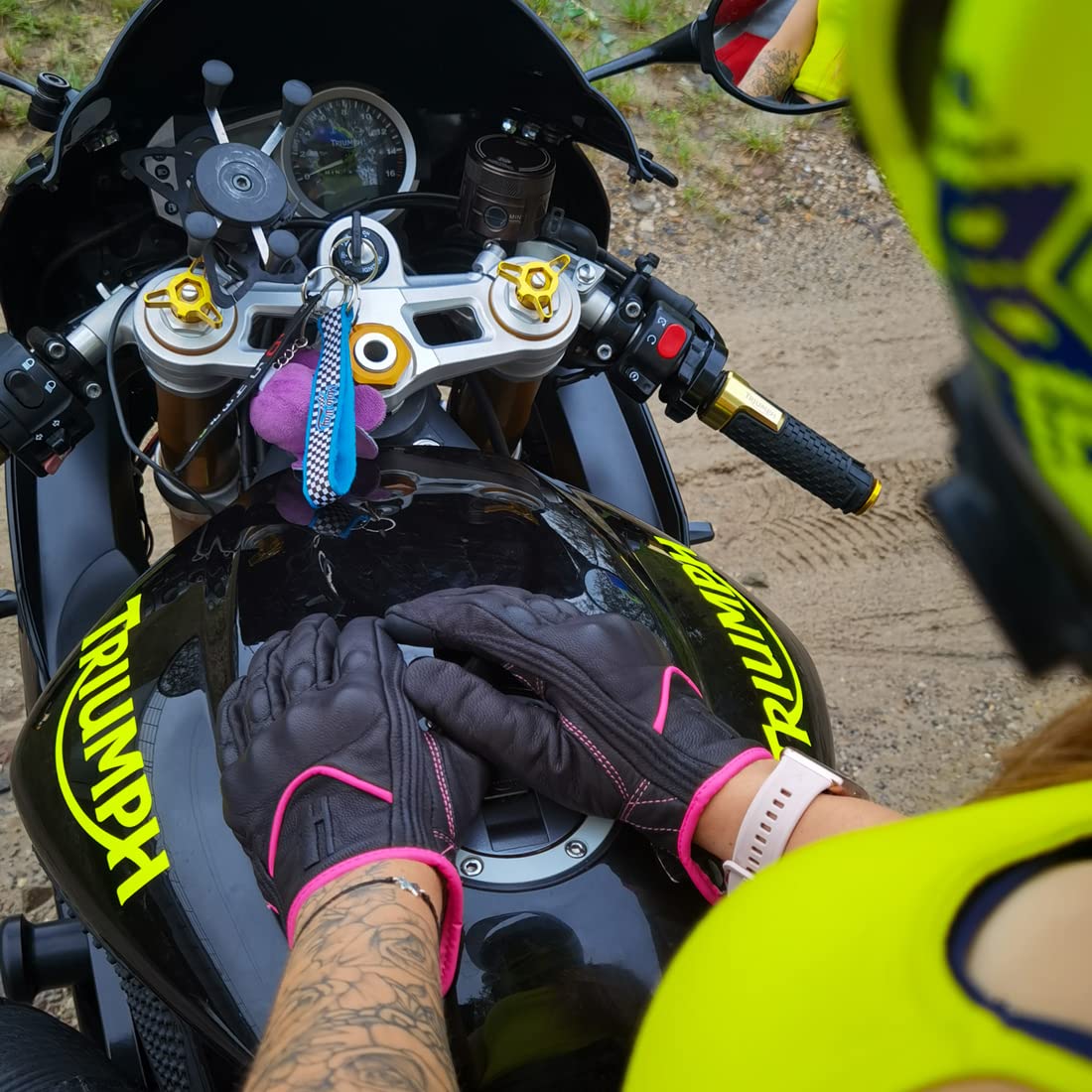 Harssidanzar Leather Motorcycle Gloves,Motorbike Gloves,Road Racing,Cycling,Climbing,Powersports Gloves Touchscreen Gl016,Pink/B
