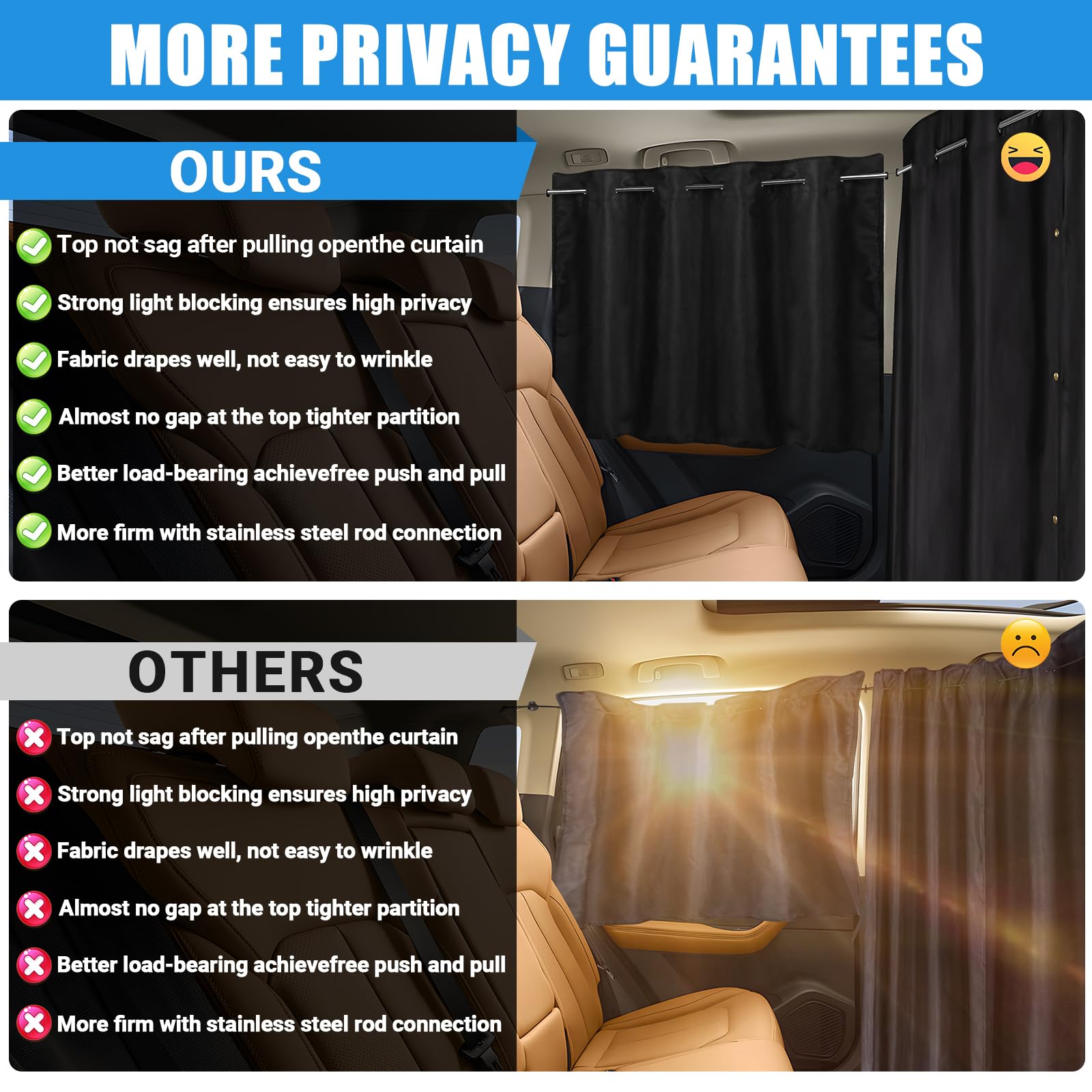 Zatooto Car Window Shades With Rods Set Of 3, Car Shades For Back Windows Baby & Privacy Blackout Car Divider Curtain Opaque Sue