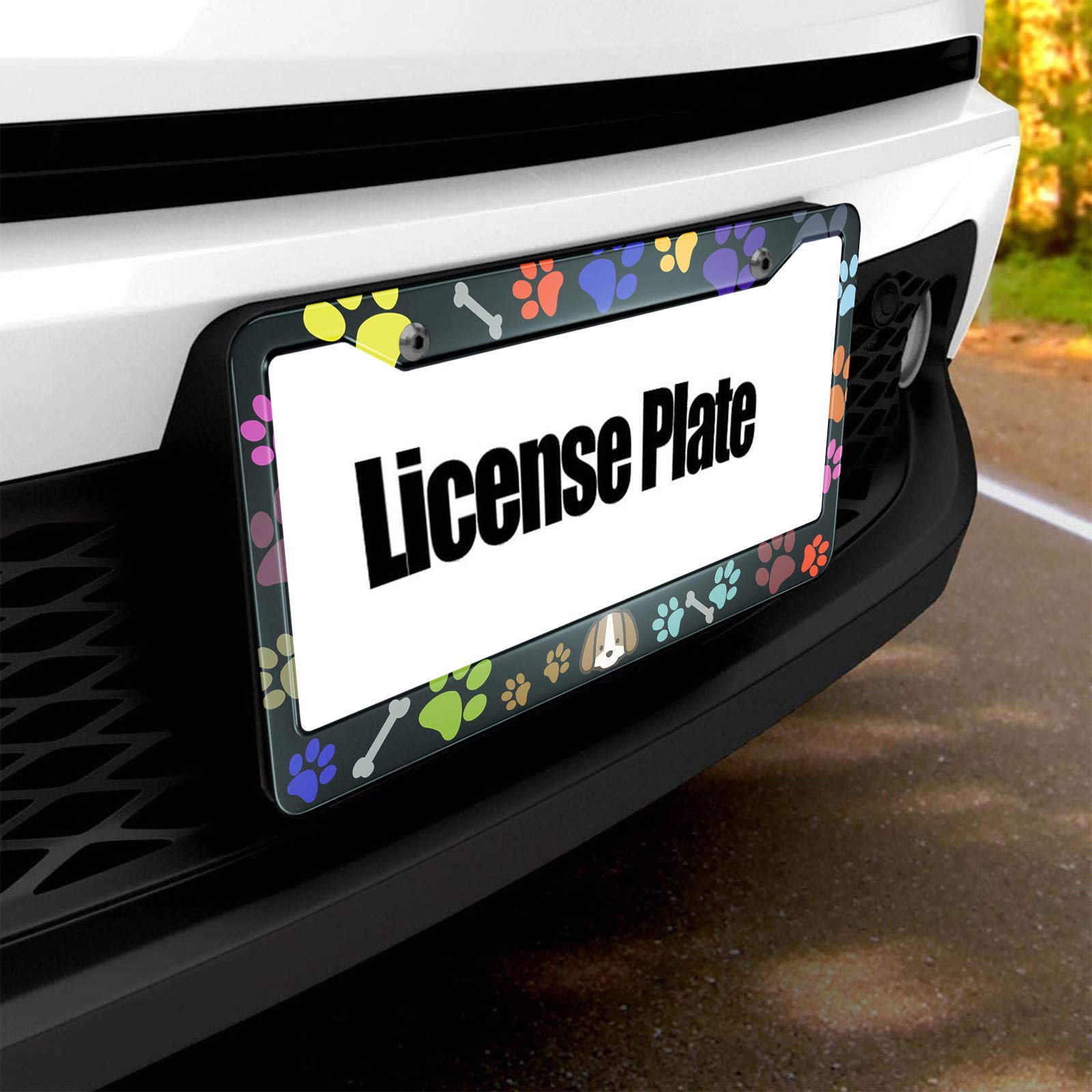 HOSNYE Puppy Bones and Paw Prints License Plate Frame Colorful Puppy Footprints Metal License Plate Cover Front Plates Frames Ca