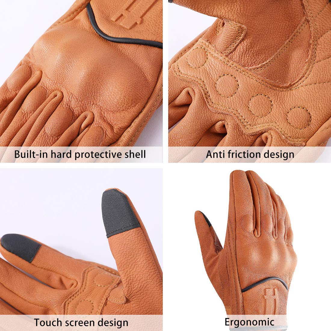 Harssidanzar Mens Full Finger Goatskin Leather Touchscreen Motorcycle Gloves Upgrade Gm028,Tan,Size L