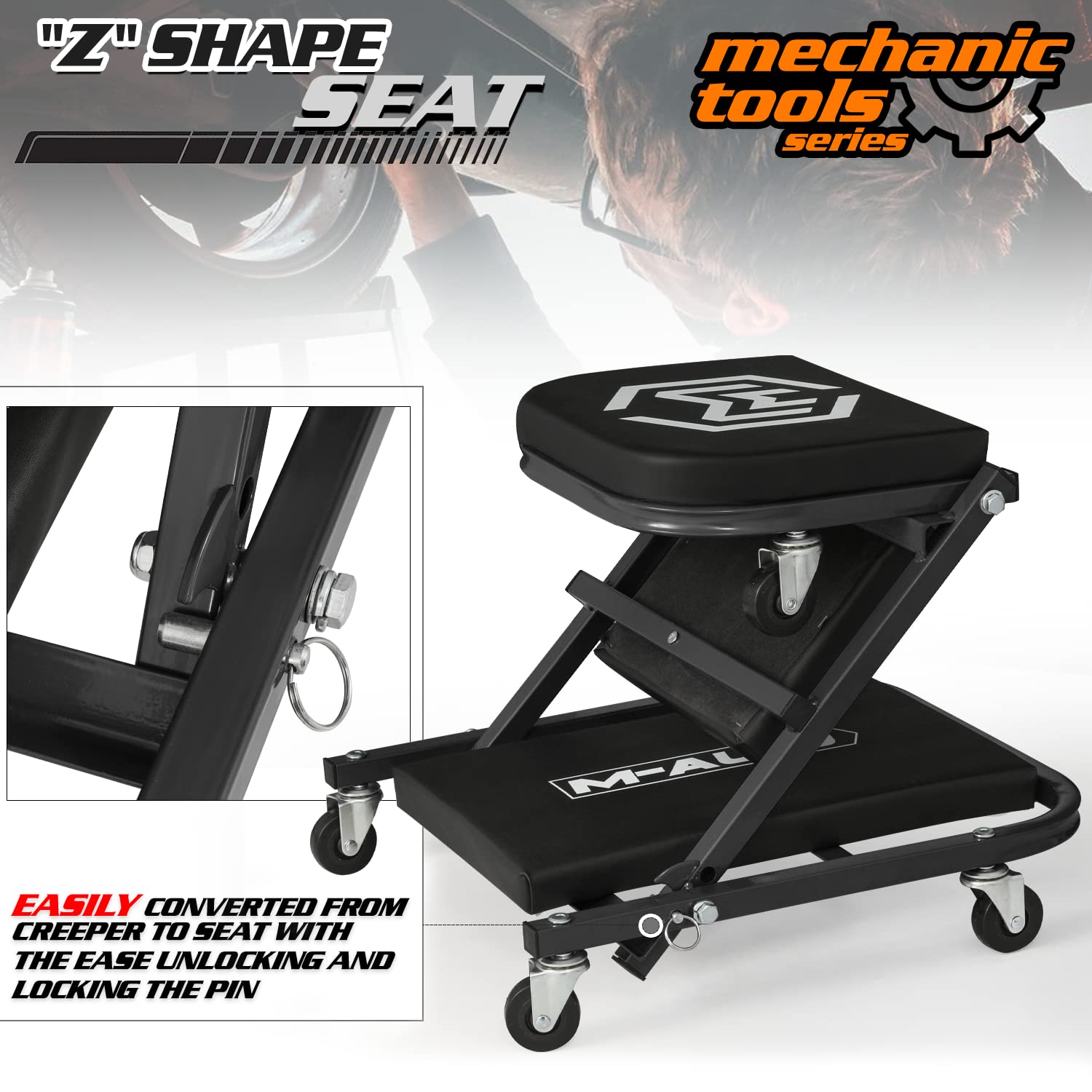 M-Auto Foldable Z Creeper 2-In-1 Rolling Folding Car Creeper & Seat, 36'' Adjustable Roller Garage Chair Lay Down Or Sit, 330Lbs