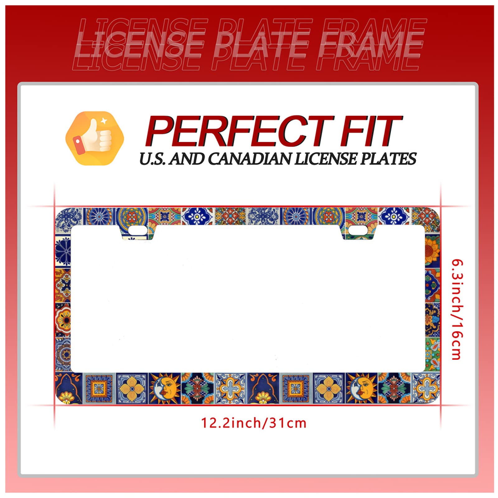 Personalise Mexican Tiles License Plate Frames Mandala Boho License Plate Frame Car Universal Stainless Steel Accessories Cars Decorative 2 Holes Screws Fits Standard Us Vehicles Size 12.2 X 6 Inches
