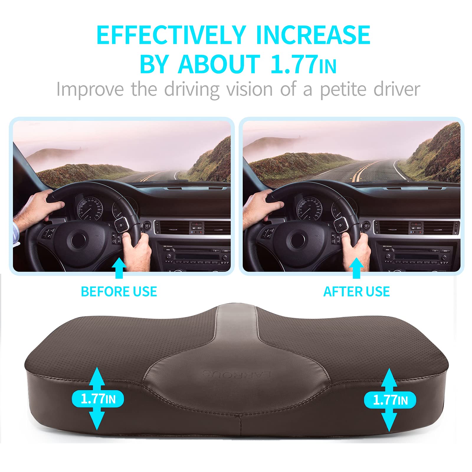 LARROUS Memory Foam Car Seat Cushion - Tailbone Pain Relief Pad, Large, Brown Faux Leather, Model mslbr1