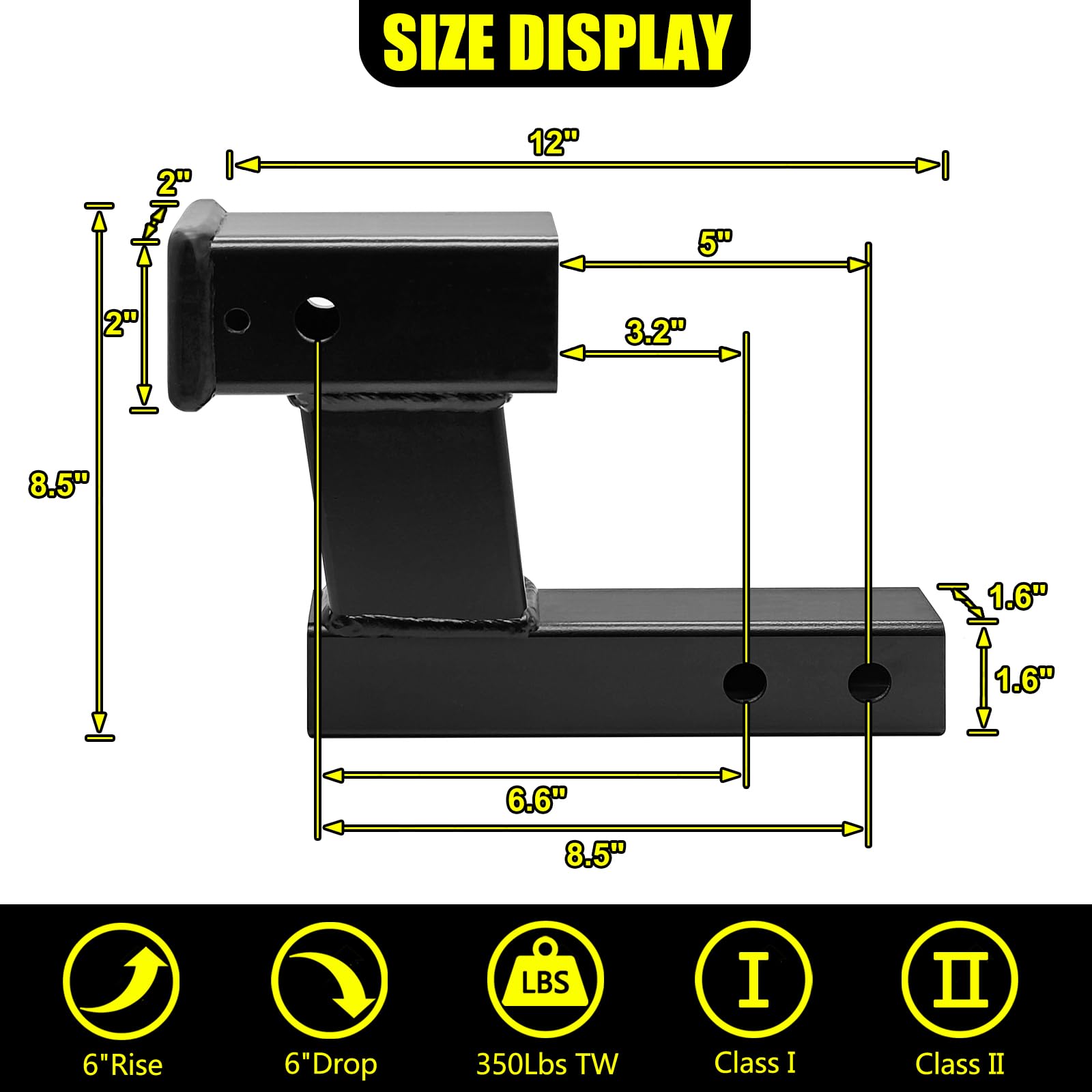 KAIRAY Trailer Hitch Riser Extender Adapter, 6" Drop/Rise, 2" Shank, 7500lbs Capacity, Matte Black, Model HY0059