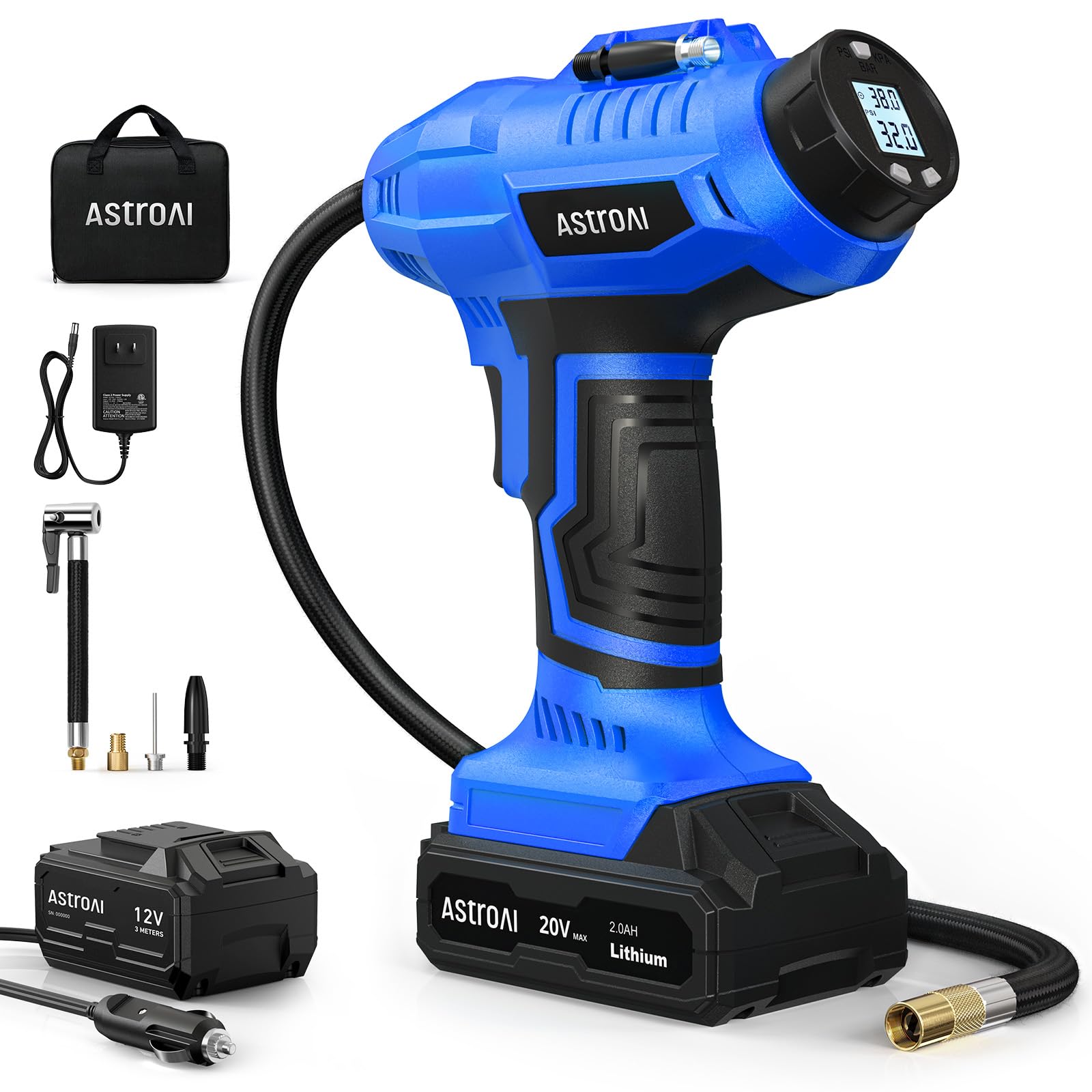 Astroai Cordless Tire Inflator Air Compressor 20V Rechargeable Battery Powered 160Psi Portable Handheld Air Pump With 12V Car Po