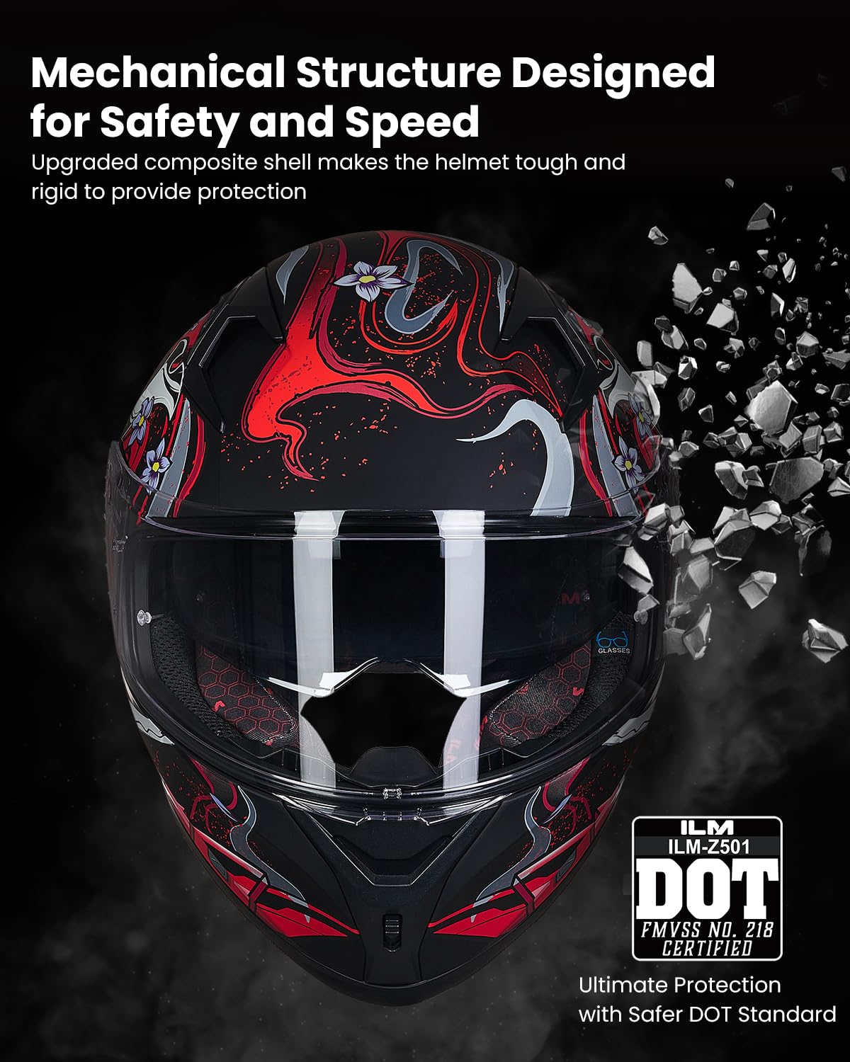 ILM Full Face Motorcycle Helmet Z501 - Armor Red, Medium, Pinlock Compatible, DOT Certified, ABS Material, Clear & Tinted Visors
