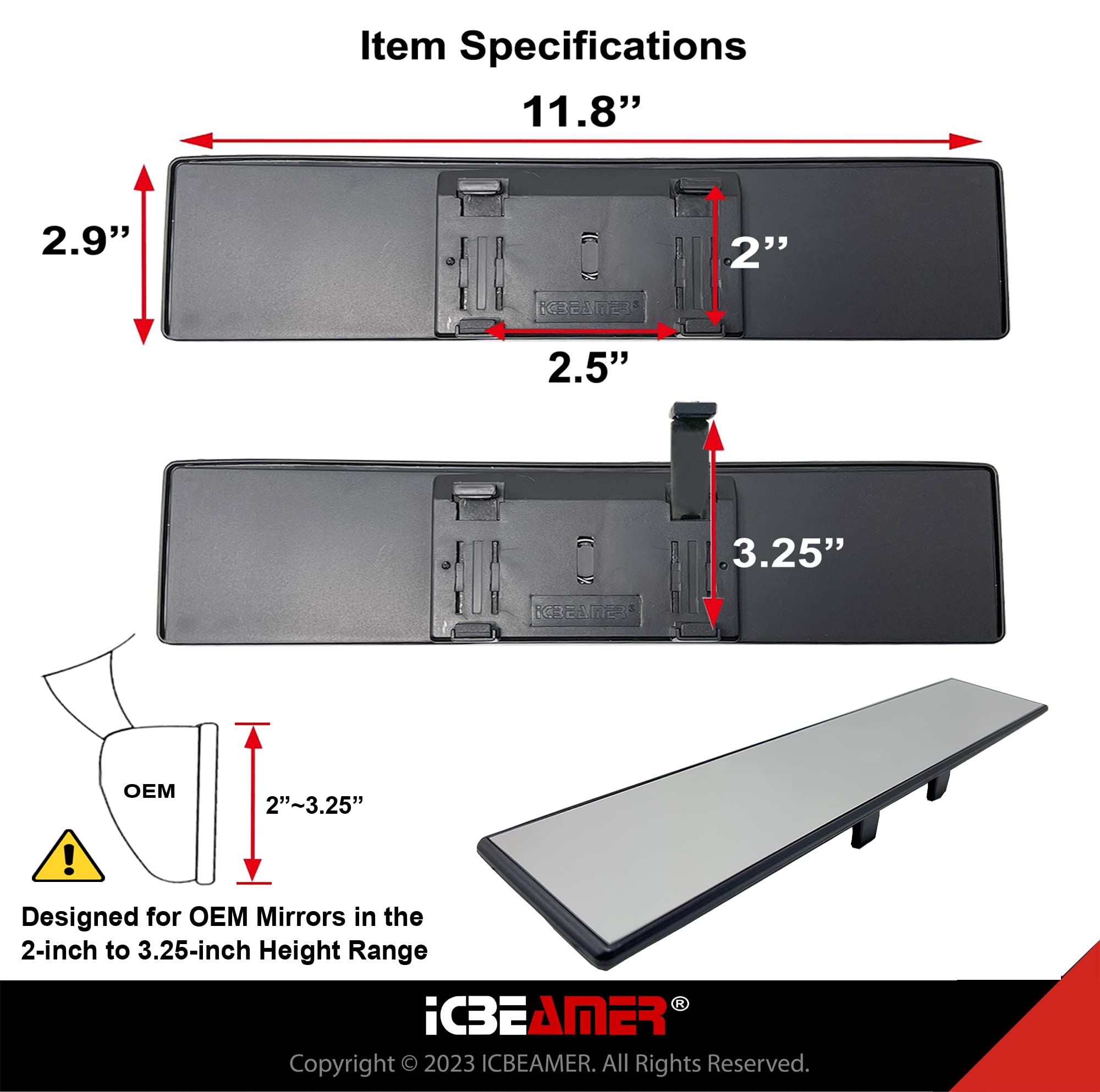 Icbeamer 11.8'' Car Rear View Mirror, Clear Flat Surface, 300Mm Panoramic Wide Angle, Blindspot Mirror Accessories For Car, Rubb