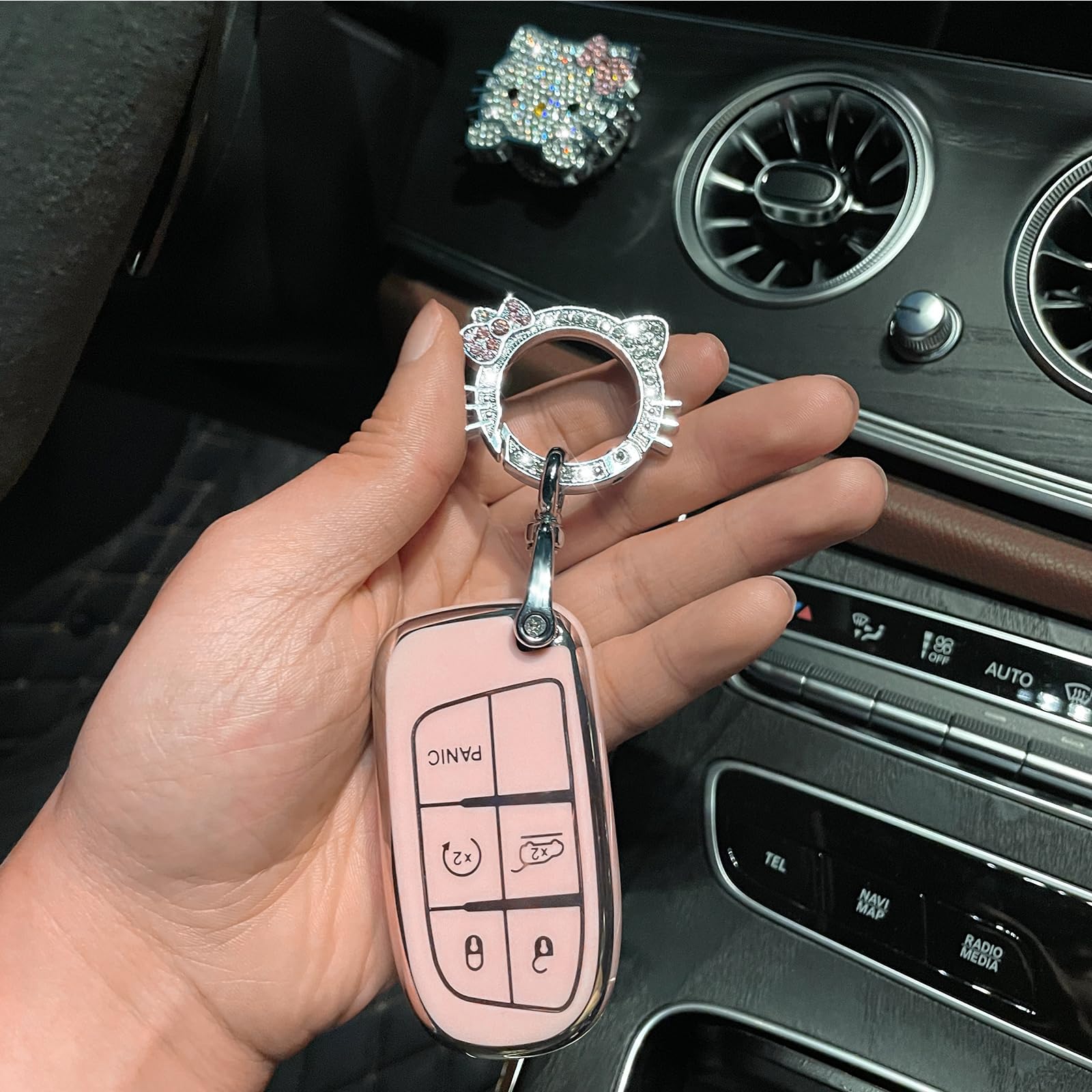 Pangpai Jeep Key Fob Cover Set - 3 Pcs Bling TPU Accessories for Grand Cherokee, Renegade, Wrangler, Patriot, Grand Commander - Pink