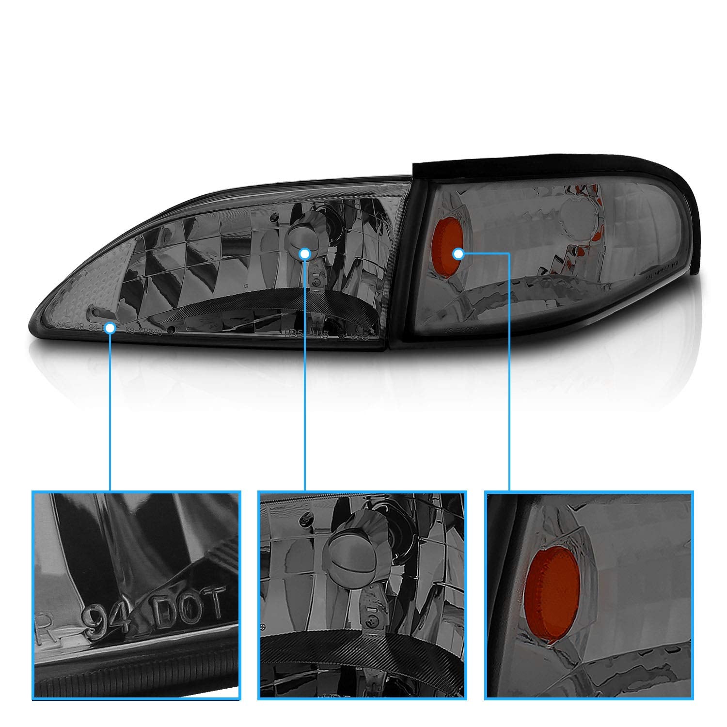 AmeriLite Smoke Headlights Corner Turn Signal Set for 94-98 Ford Mustang - Driver & Passenger Side
