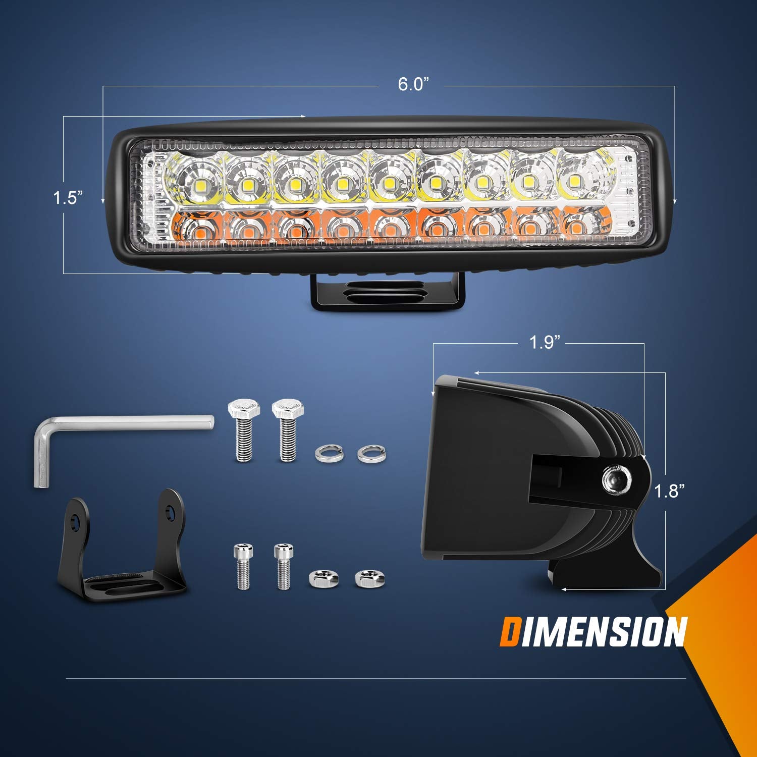 Nilight 15020F-B 54W LED Work Lights Bar - 6 Inch, 2Pcs White/Amber, Aluminum, PMMA Lens, 2 Years Warranty