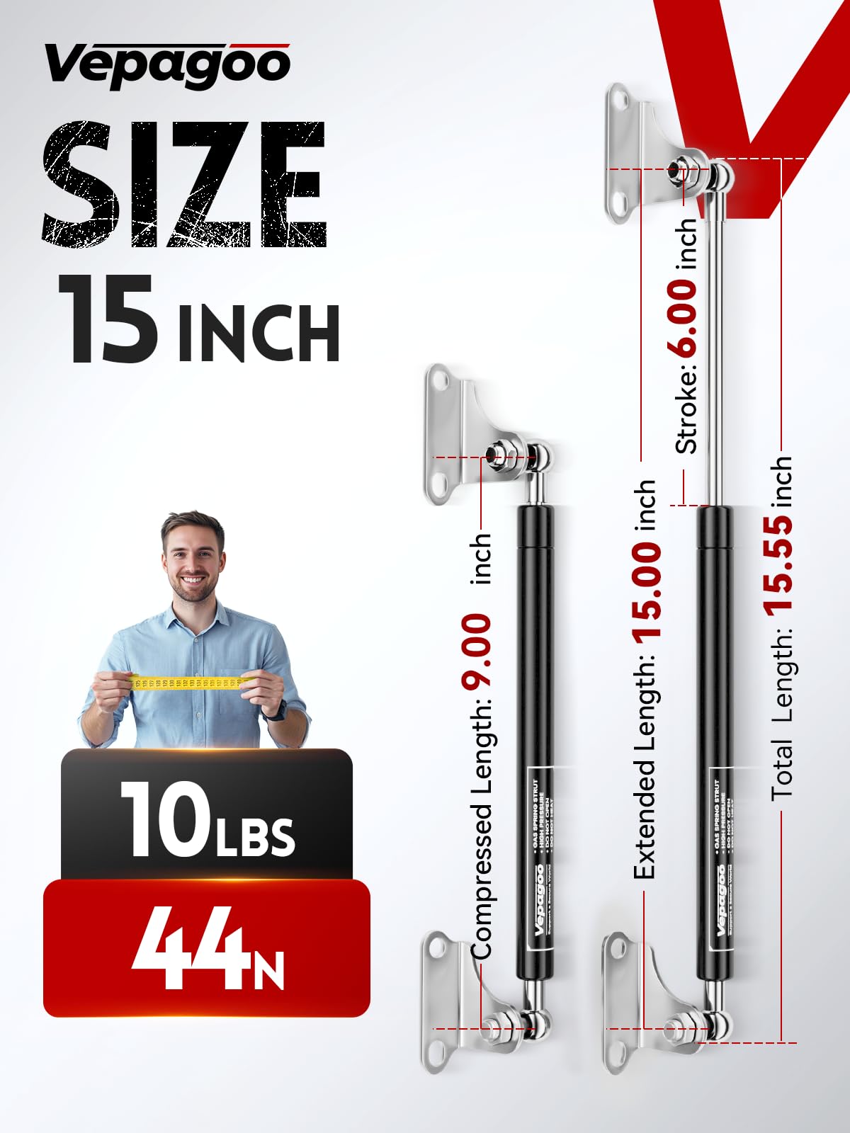 Vepagoo Gas Struts 15 Inch 10Lb/44N Shock With Brackets, Rv Bed Storage Door Lift Kit, Heavy Lid Duty Springs (Fit 8Lb-11Lb Lid)