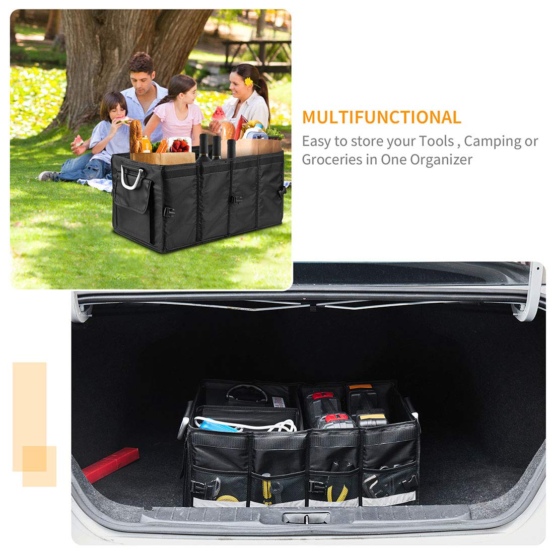 I Bkgoo Car Trunk Organizer With Lid,Collapsible Car Trunk Storage Organizer,Multi-Compartment Car Organizer For Auto, Suv, Truck, Minivan Black, X-Large